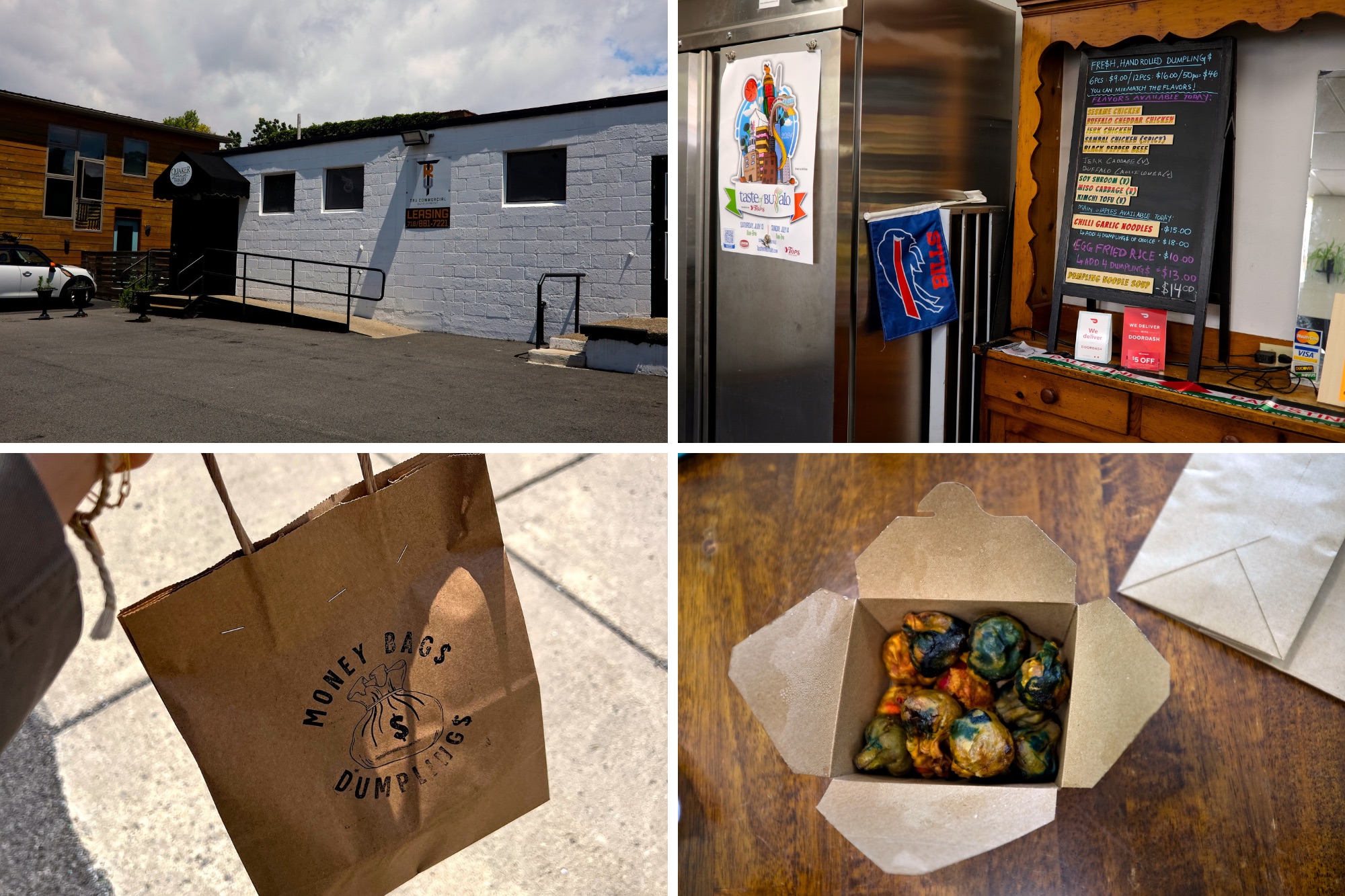 Exterior and interior of Moneybags Dumplings, plus a takeout box of dumplings