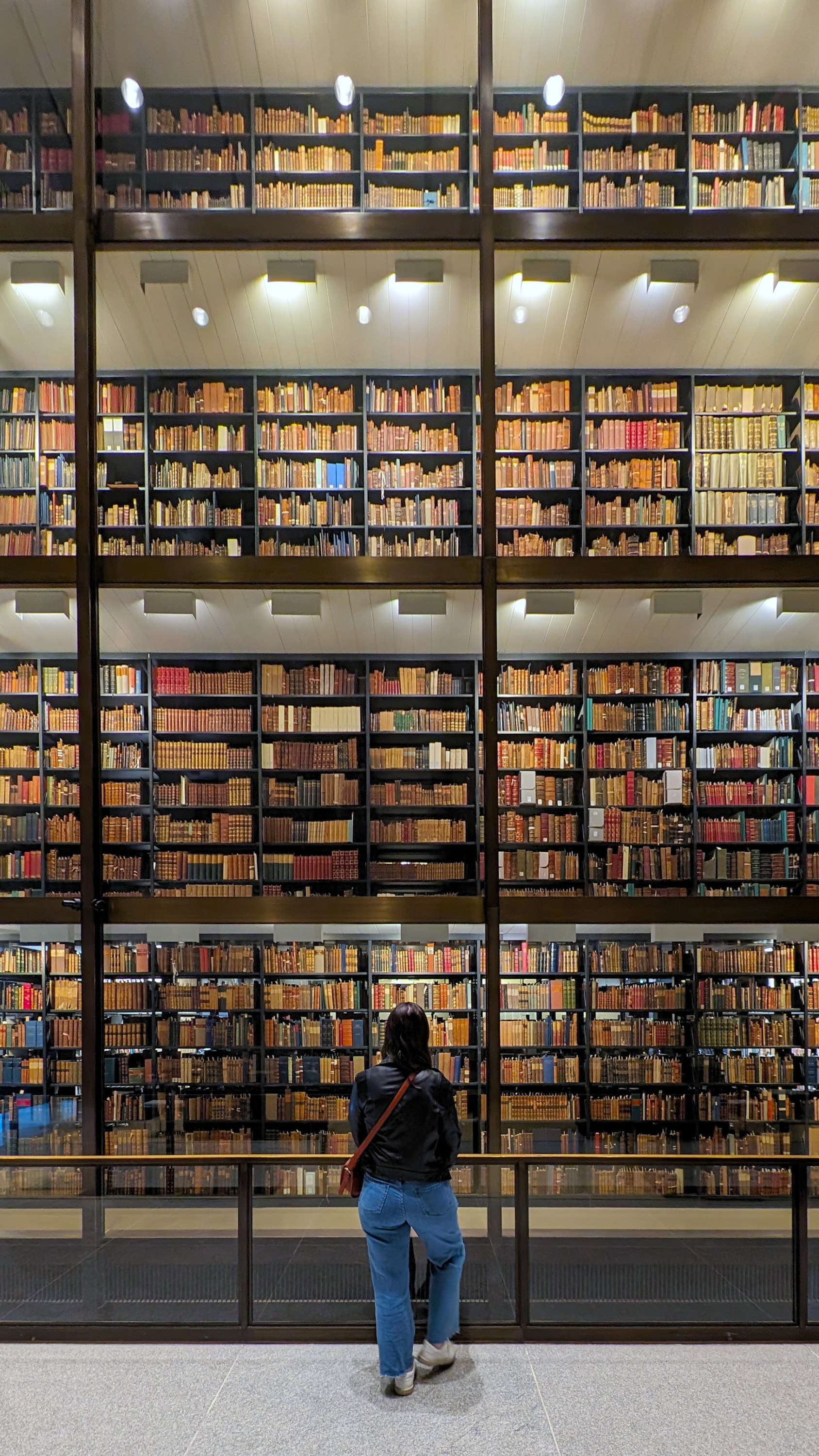 Alyssa stands in front of the rows of books at Beinecke