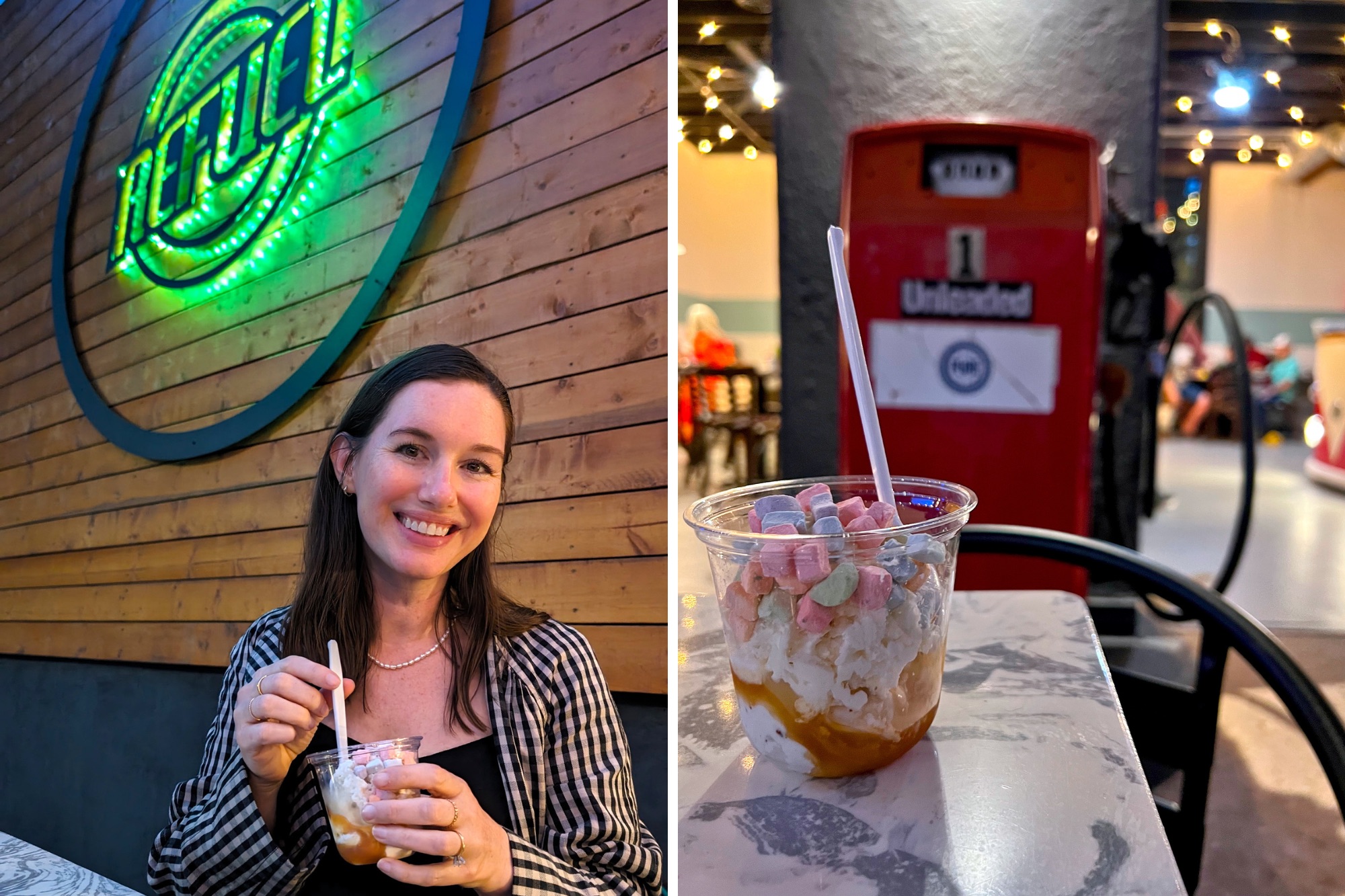 Alyssa eats an ice cream and holds a cup of ice cream next to an old fuel pump