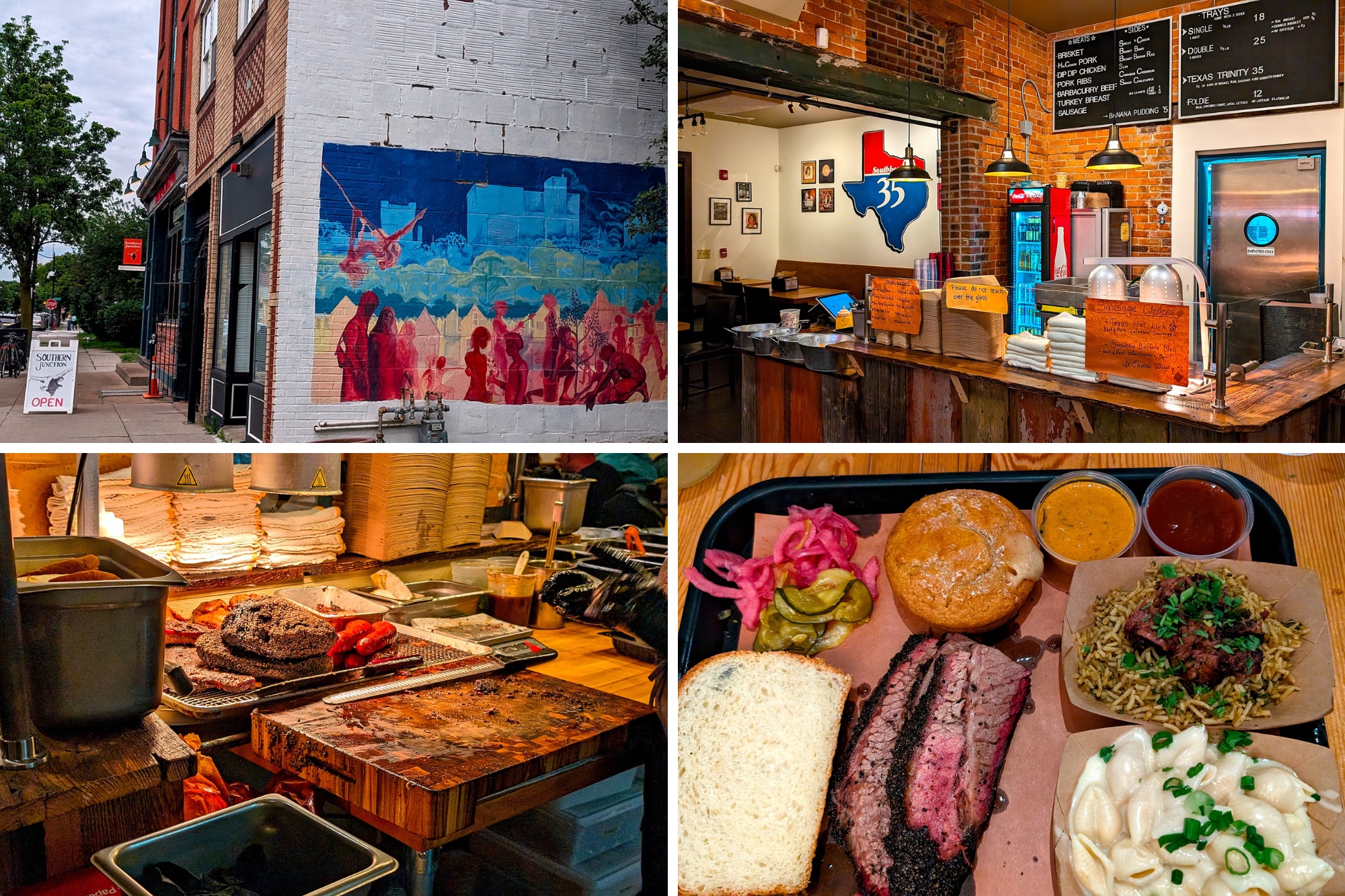 Exterior of Southern Junction, the menu, and a platter of barbecue