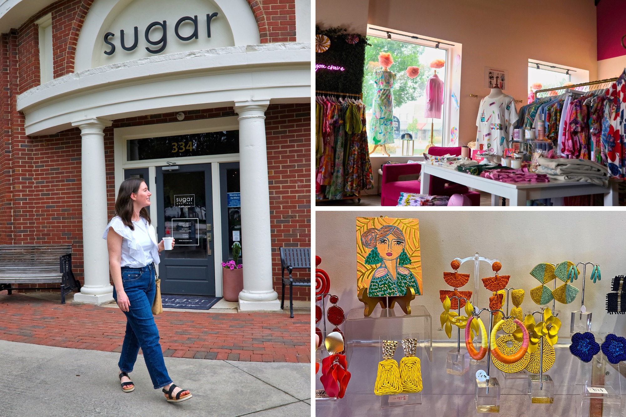 Alyssa walks by Sugar in Greenwood; colorful clothing and accessories in the shop