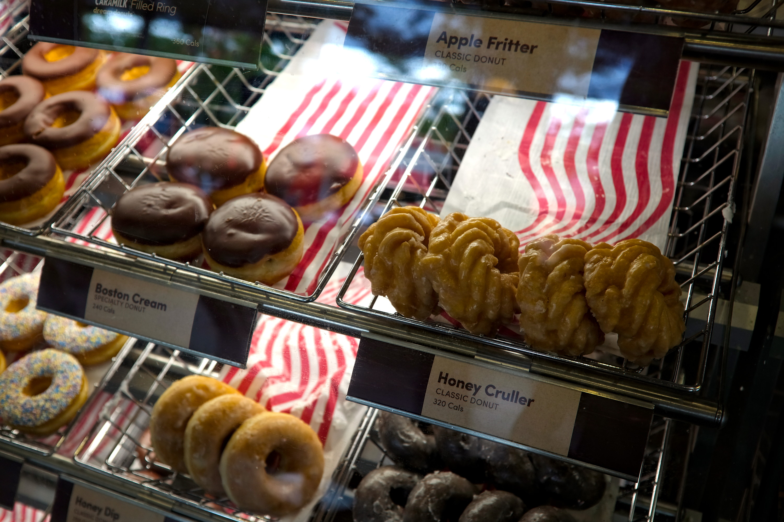 Doughnuts in a case at Tim Hortons