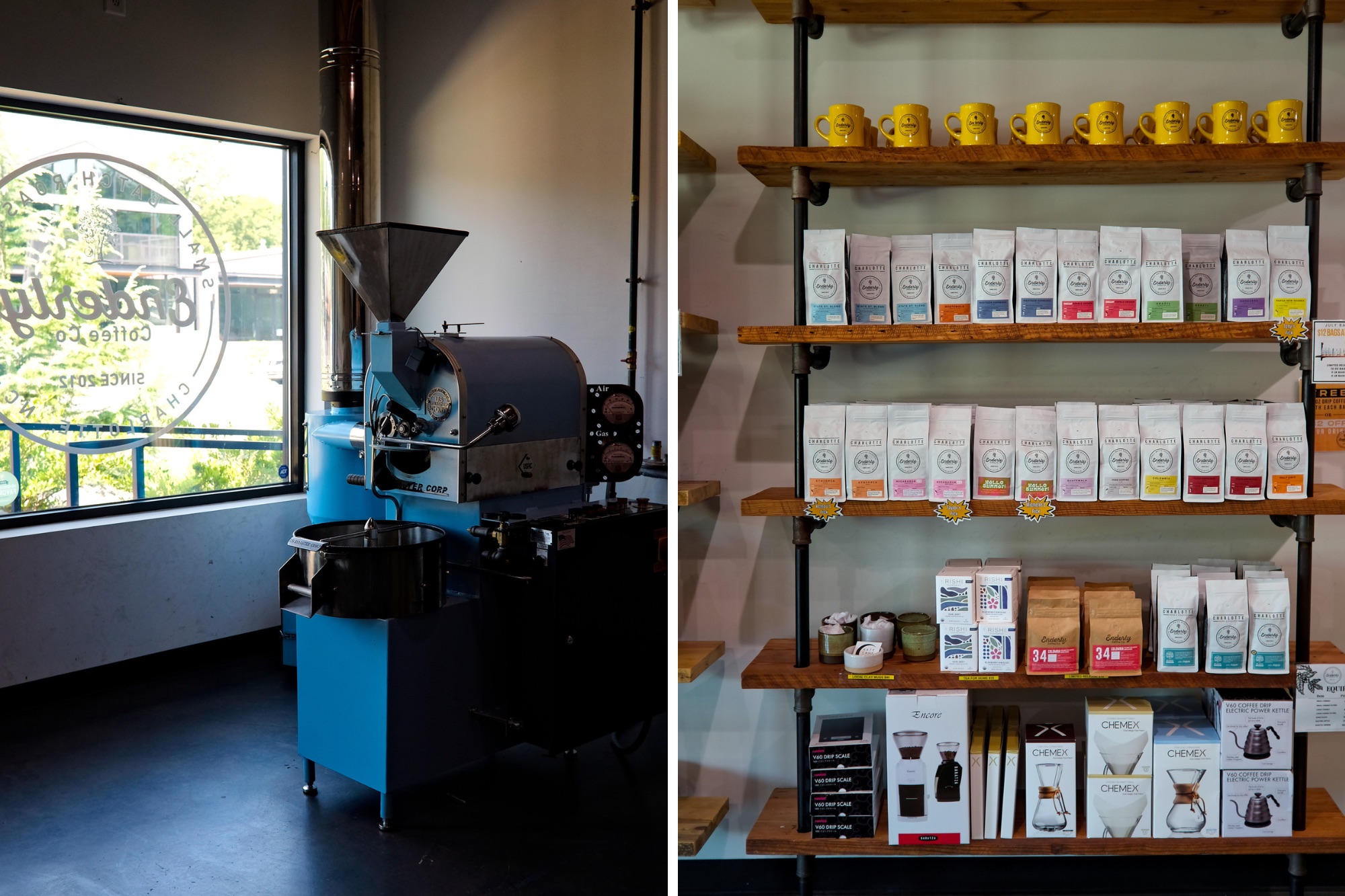 Enderly's coffee roaster and a selection of beans