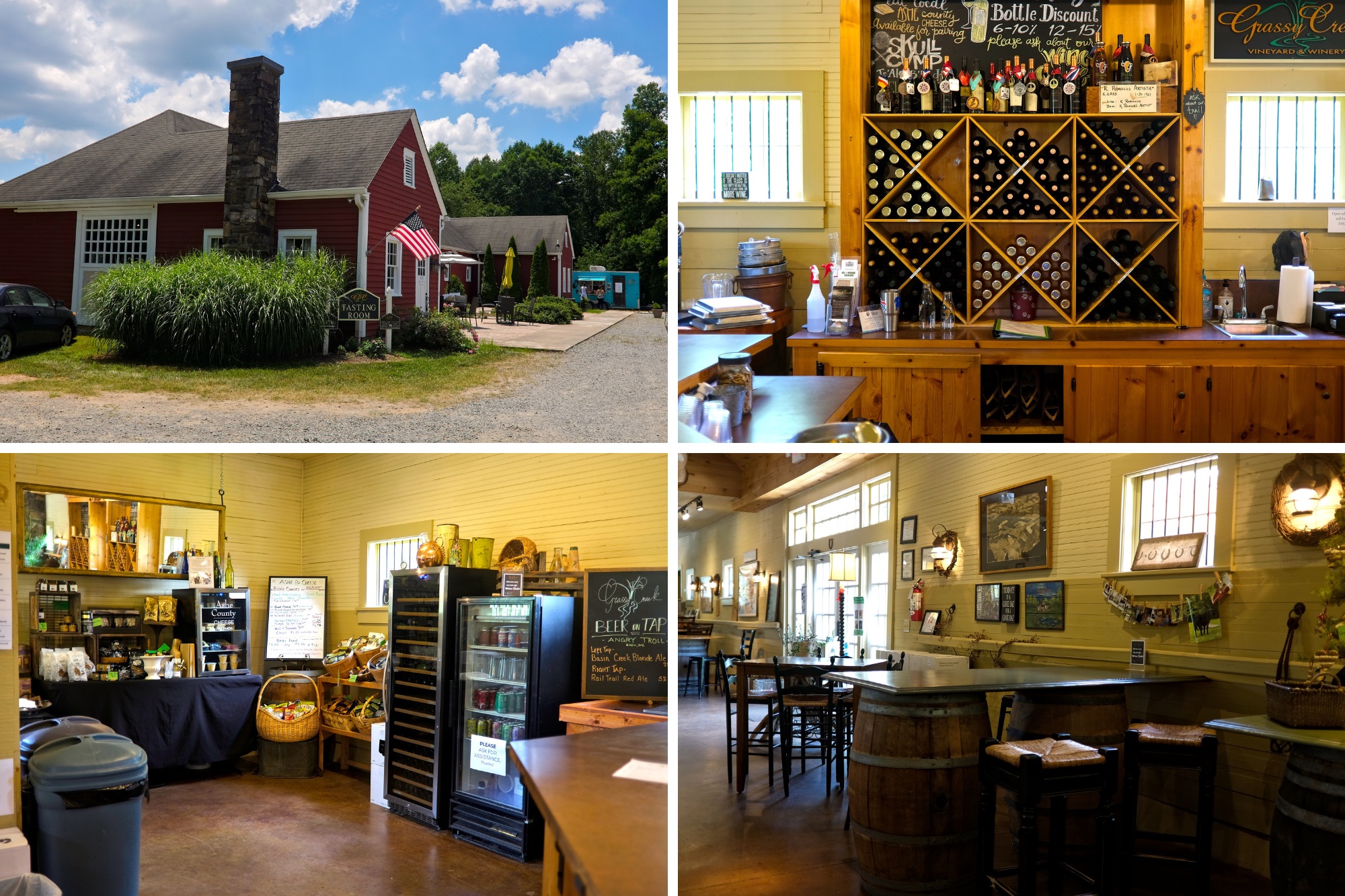 The interior and exterior of Grassy Creek Winery in Elkin