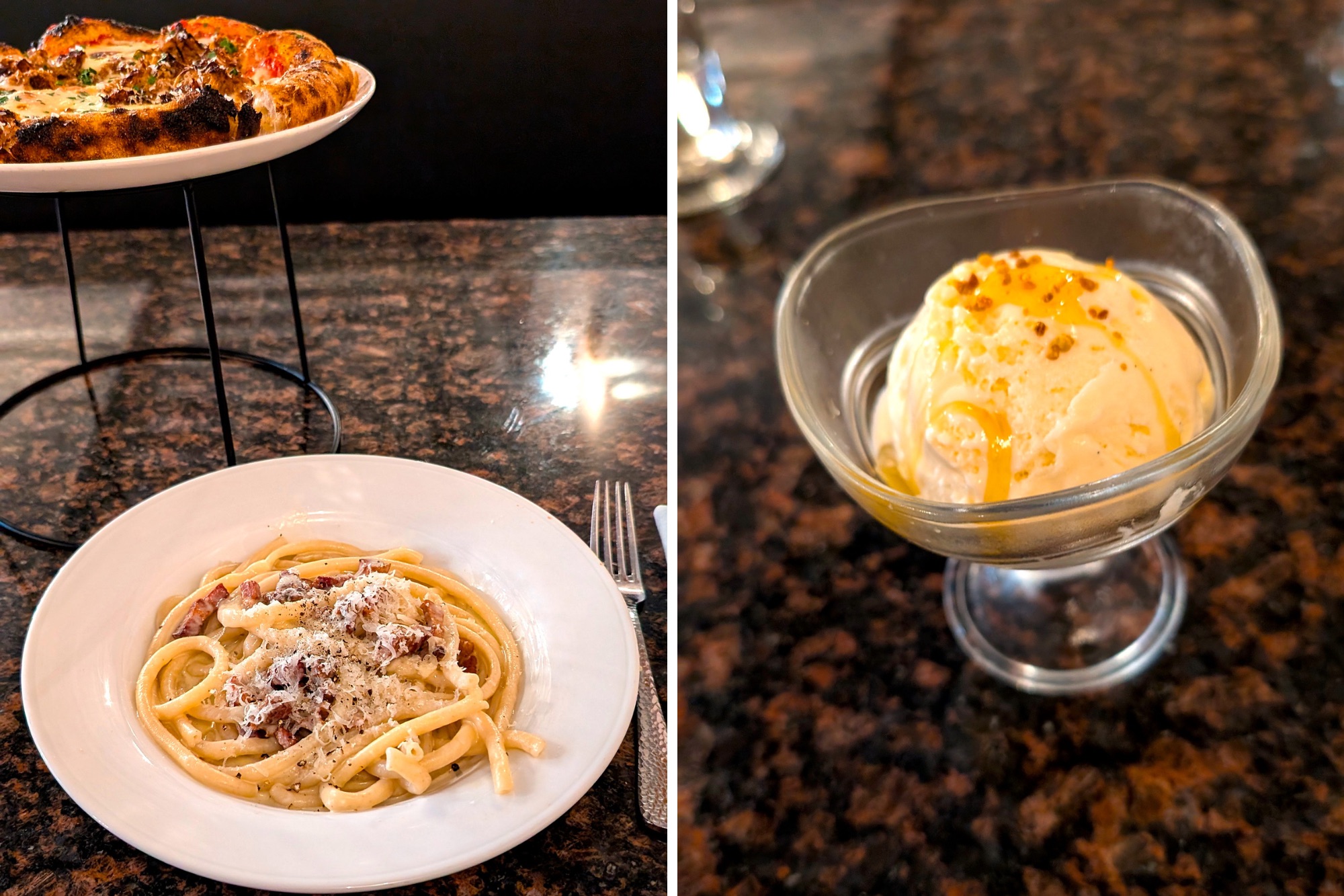 Carbonara, pizza, and gelato