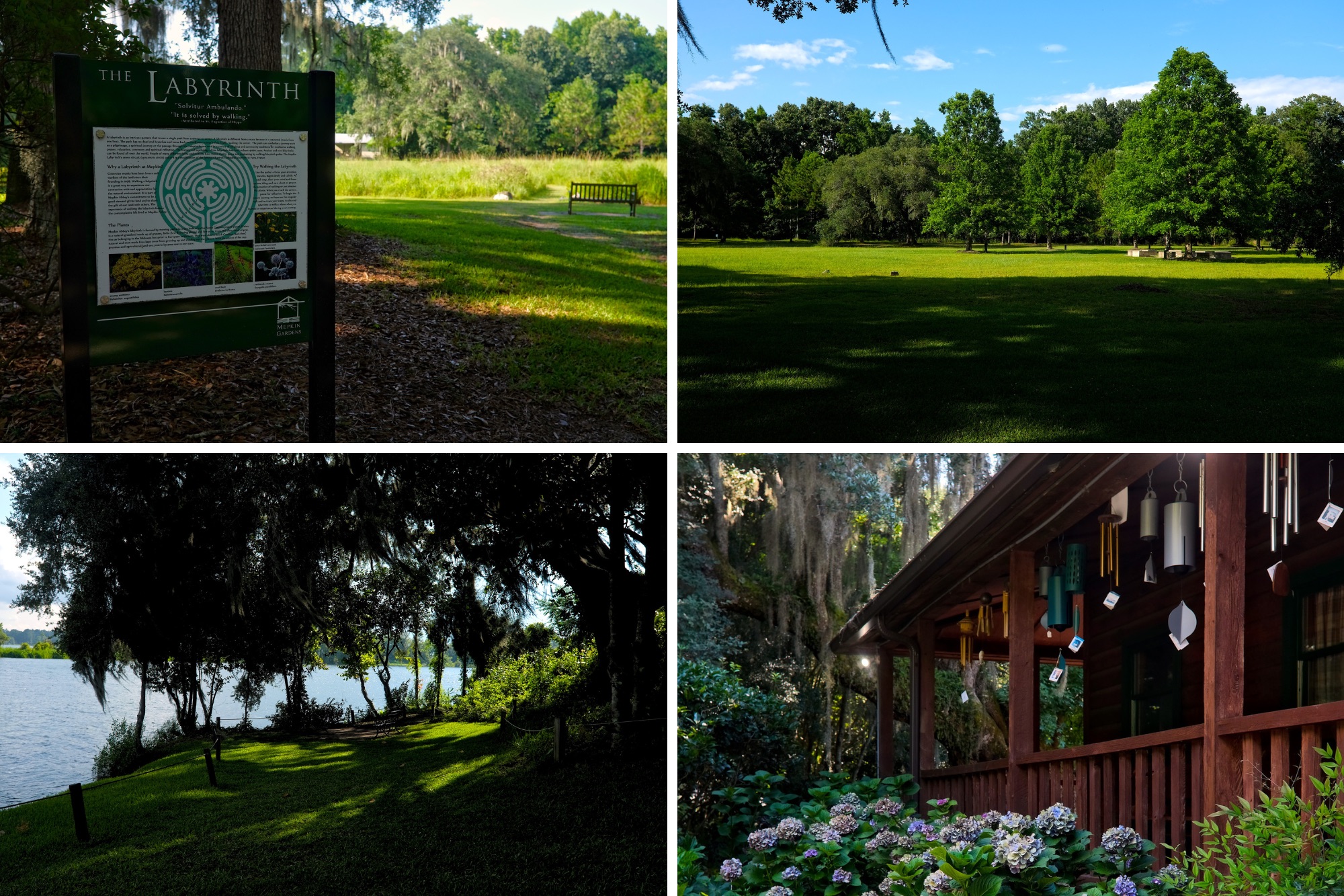 The labyrinth, oak trees, waterfront, and gift shop at Mepkin Abbey