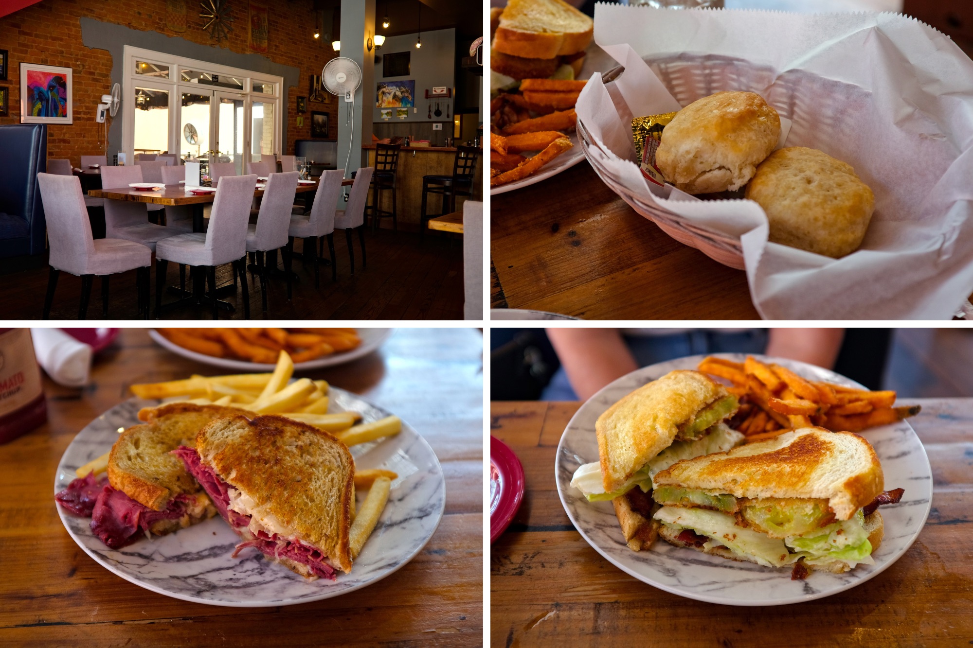 The interior of Southern on Main, a basket of biscuits, and two sandwiches