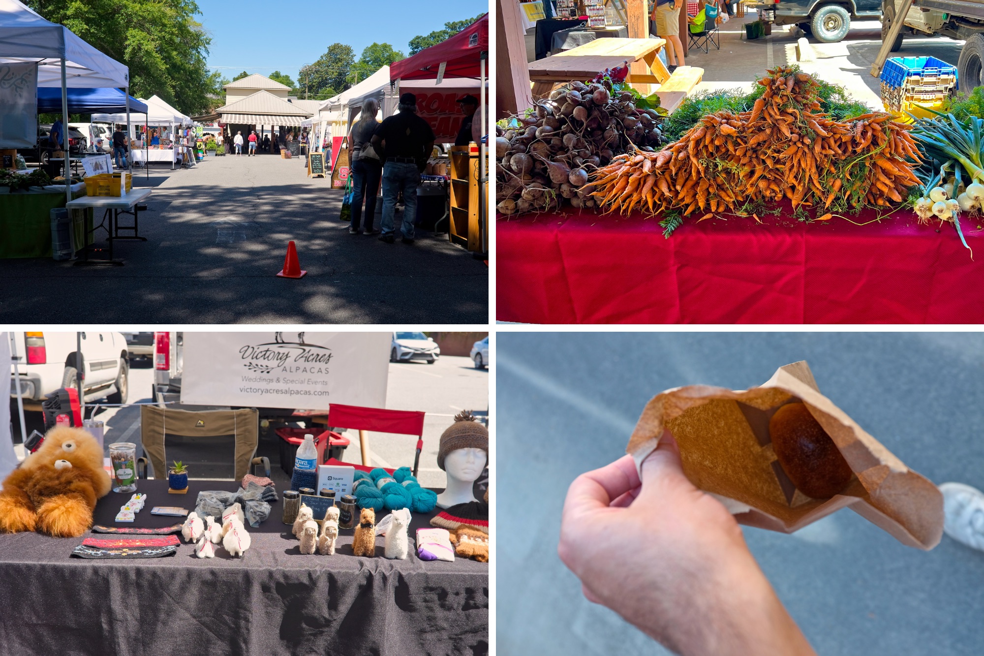 Four photos of items from the farmers market