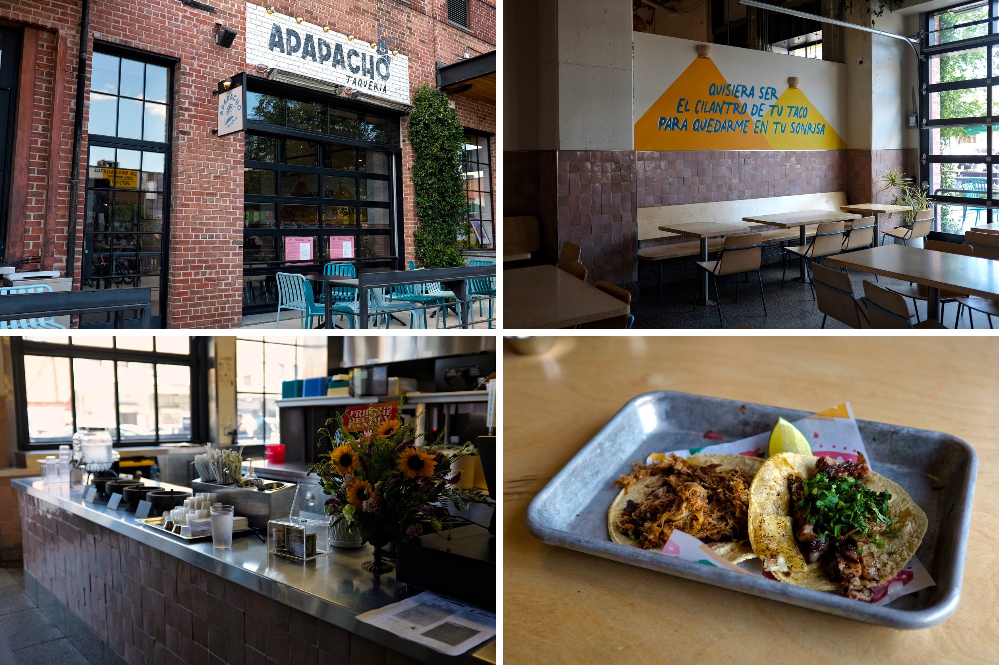 Decor at Apapacho Taqueria and a tray with two tacos