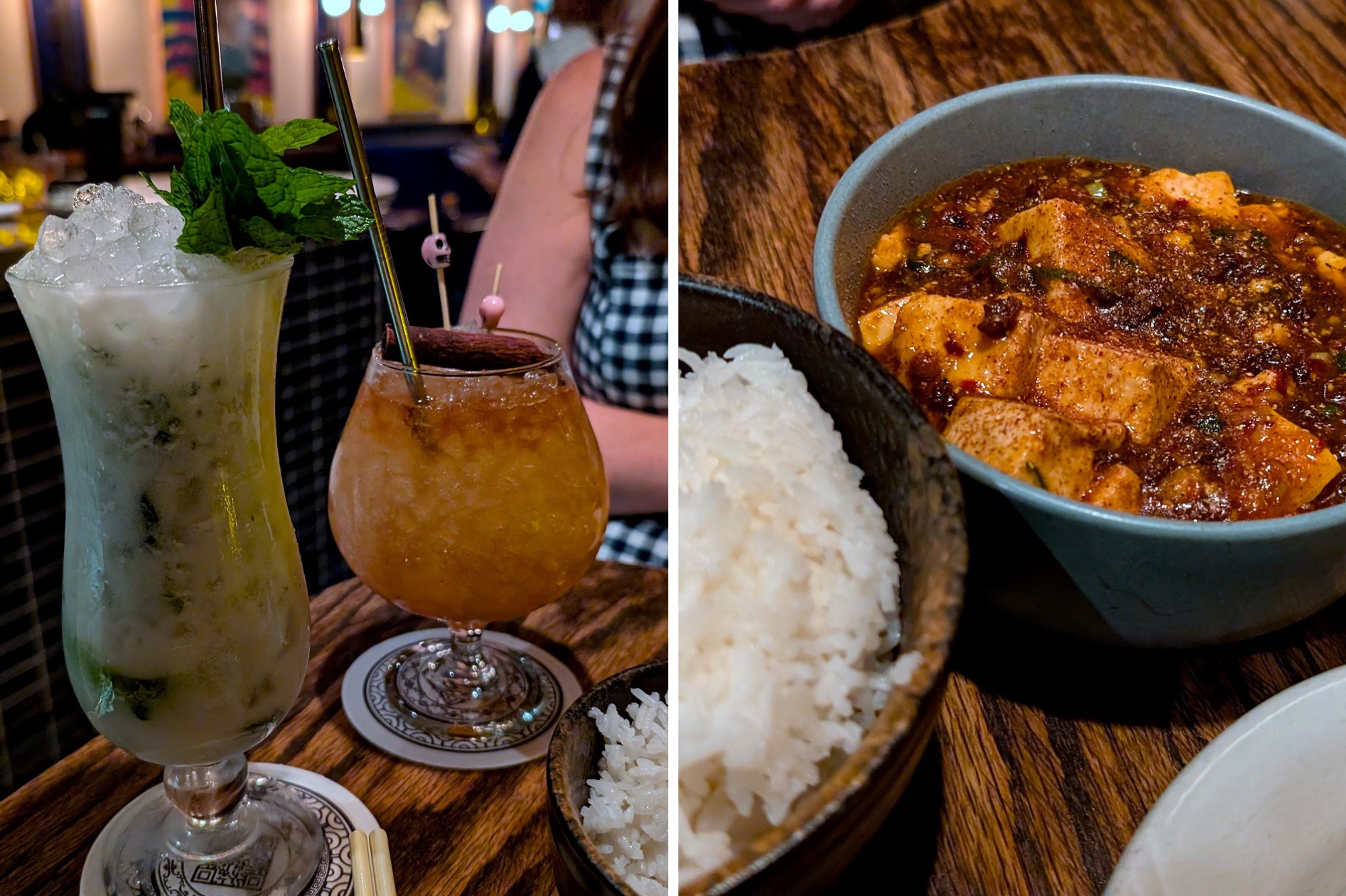 Two cocktails and a bowl of Mapo Tofu