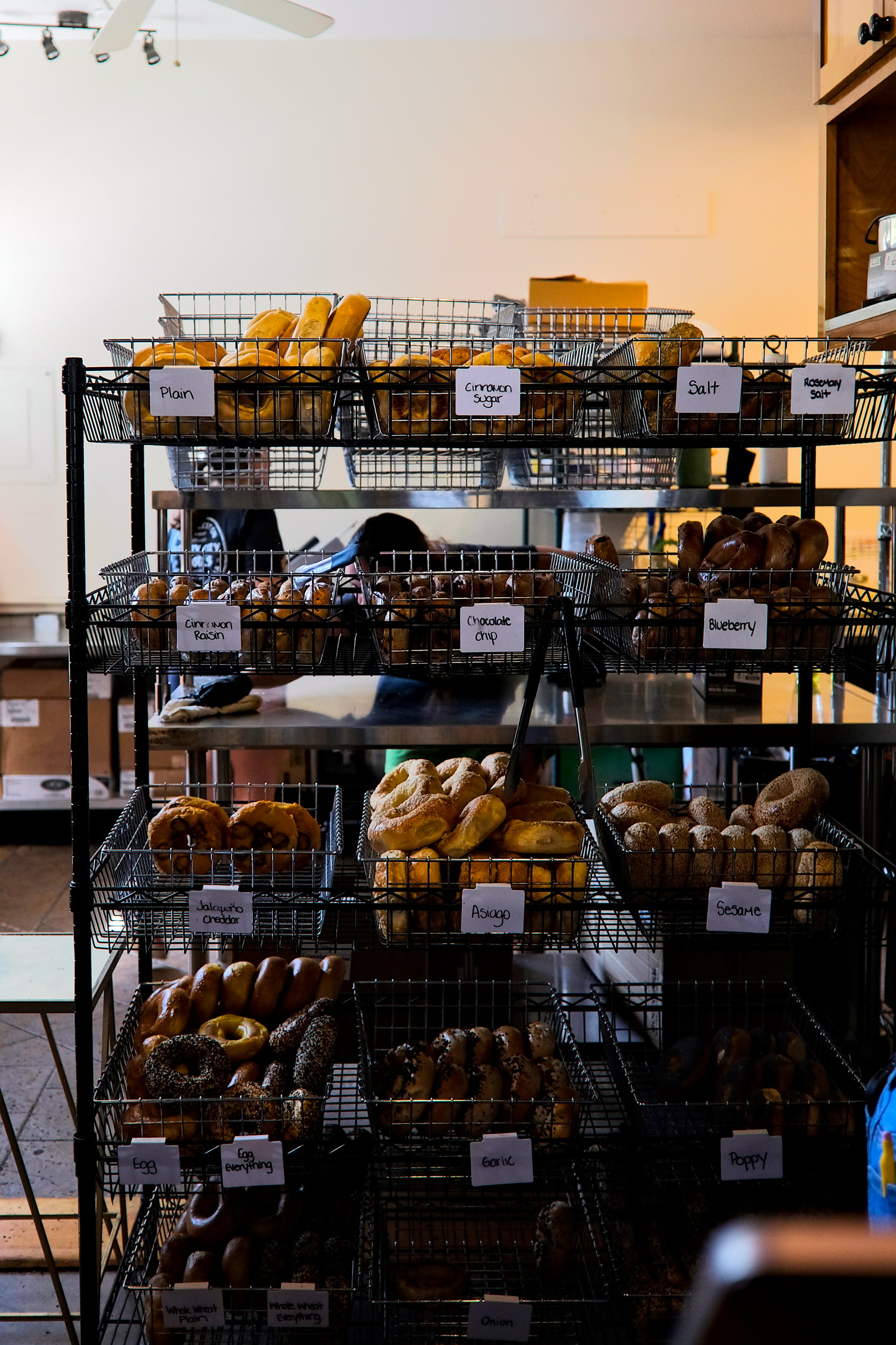 A case of bagels at Holey City Bagels