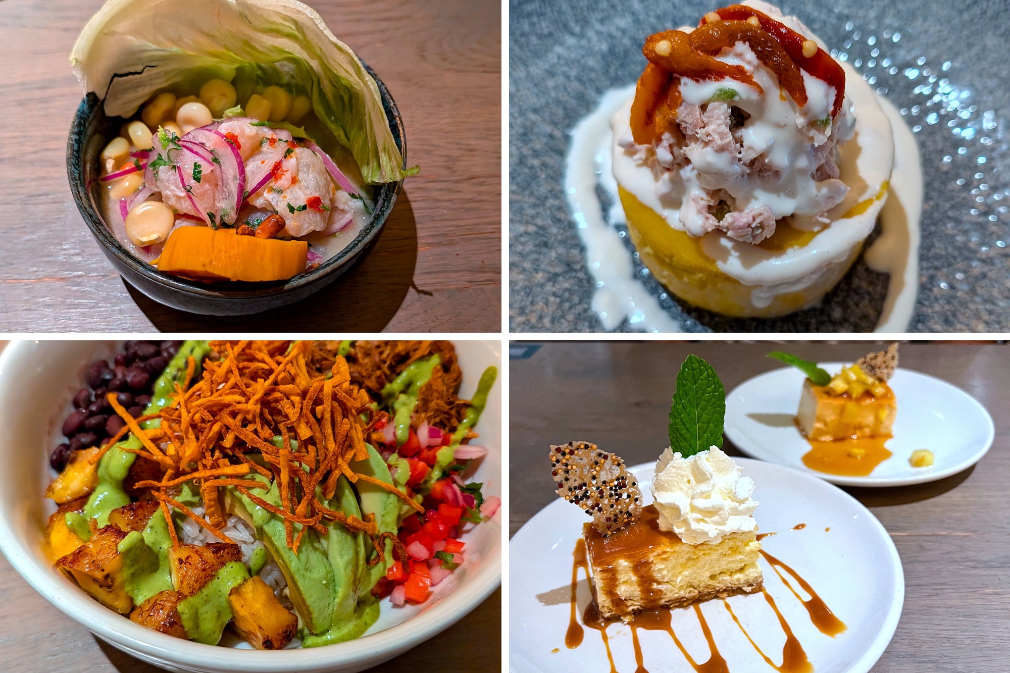 Four dishes from the lunch tasting menu at Pisco y Nazca