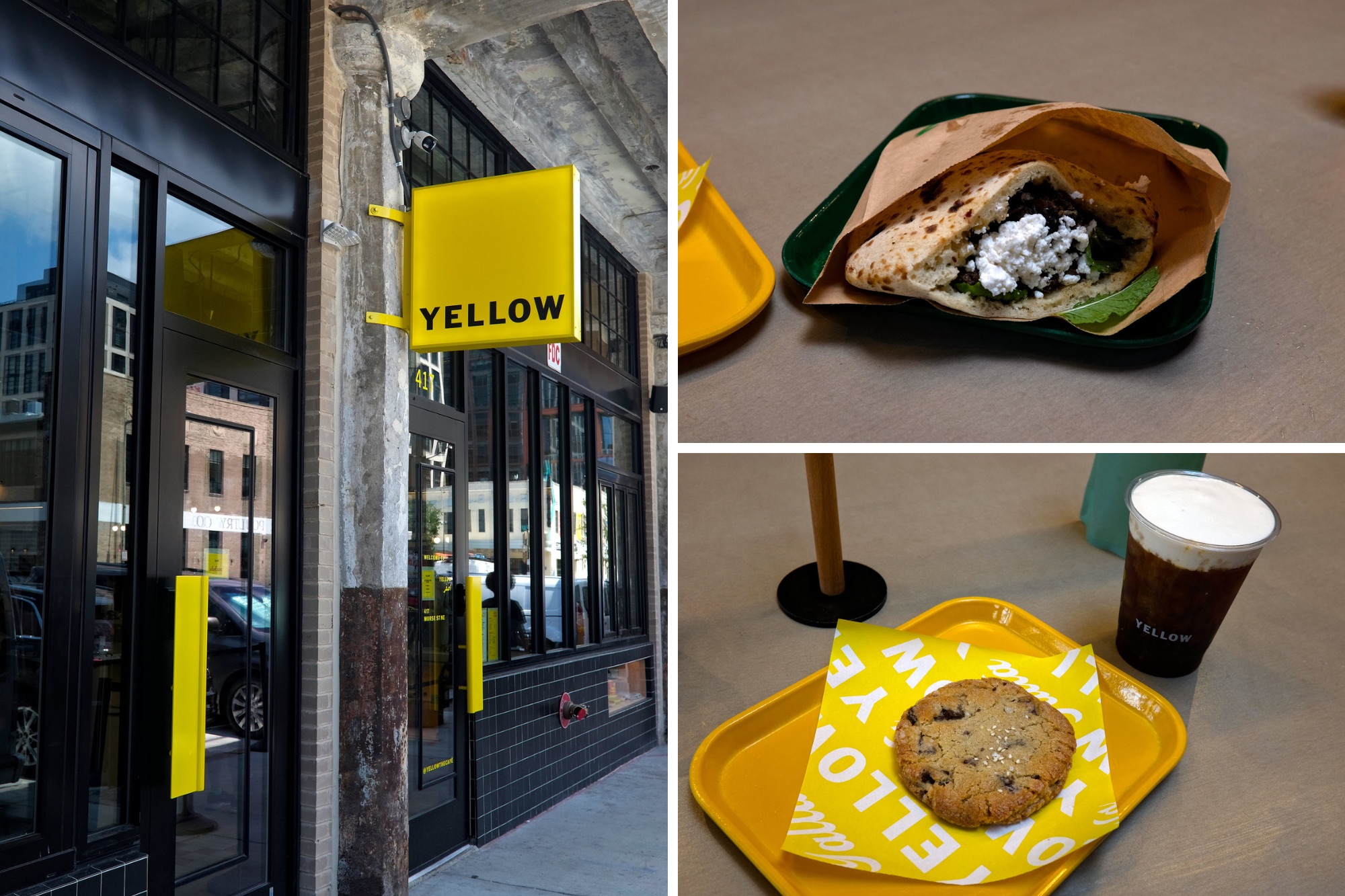 Exterior of YELLOW and a pita and cookie