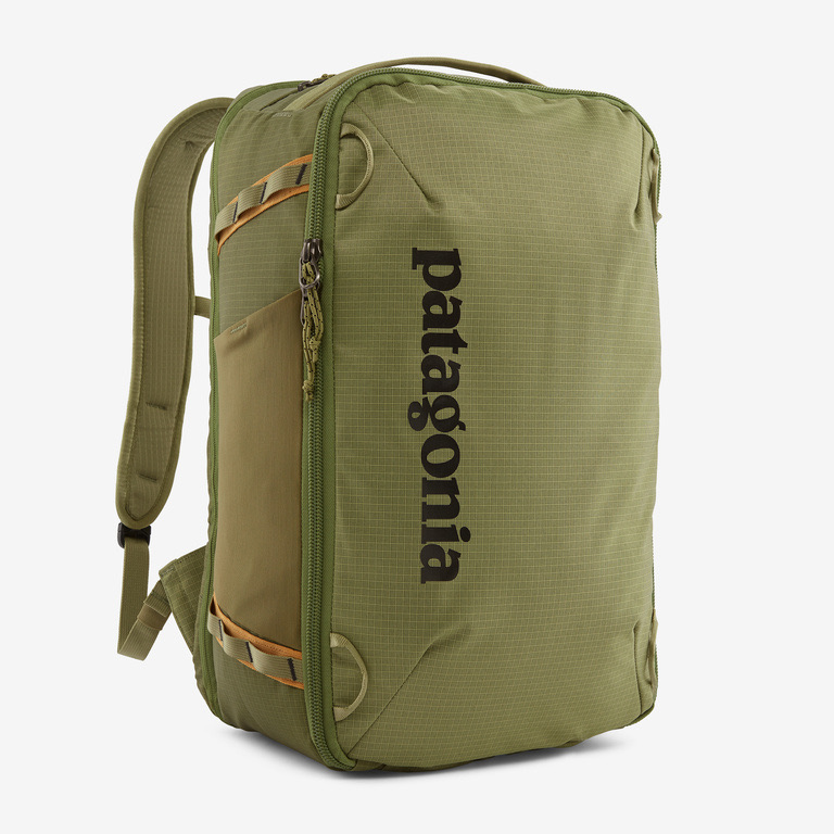 A green carry-on backpack from Patagonia