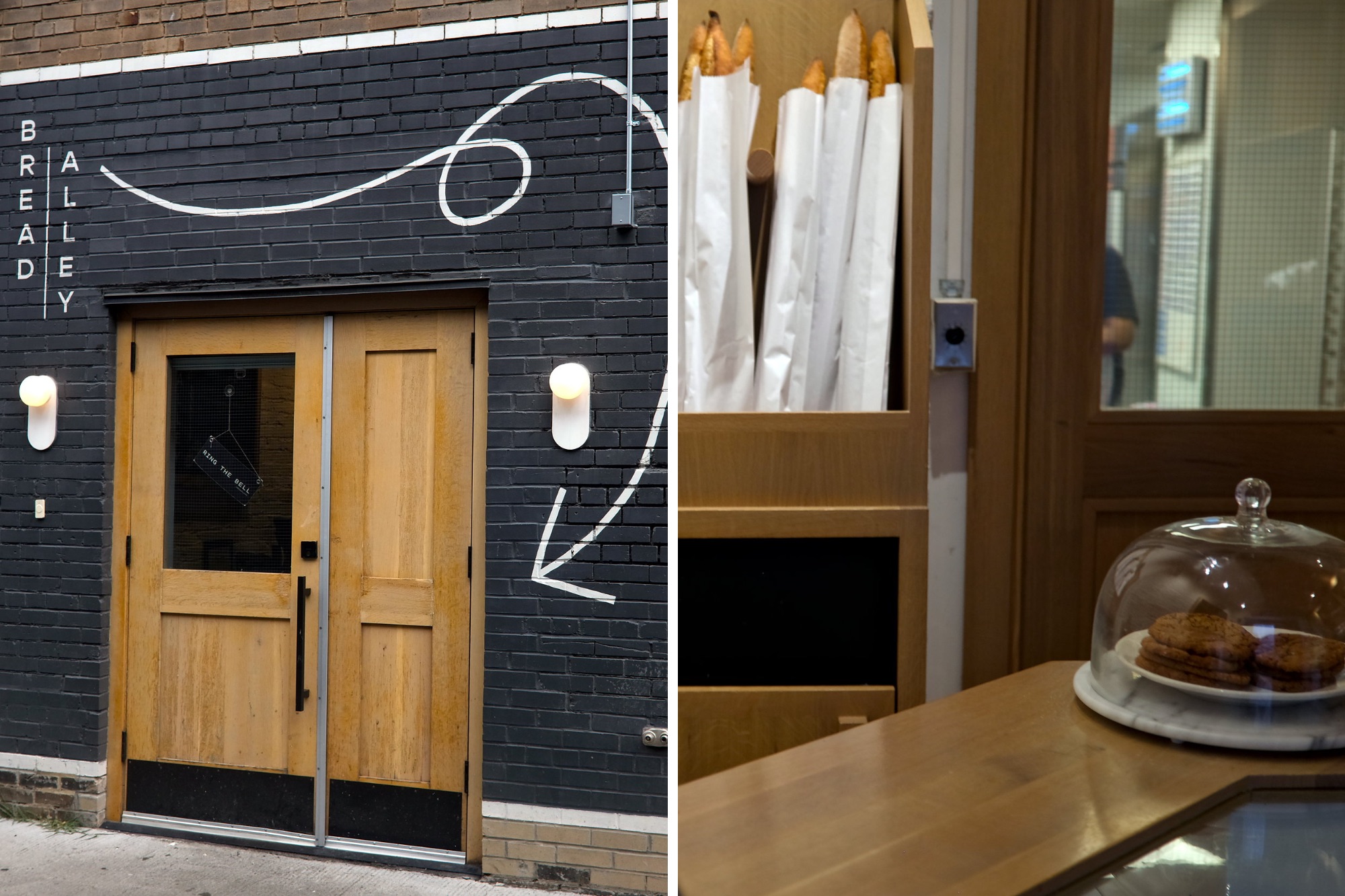 Entrance to Bread Alley and baguettes on the counter