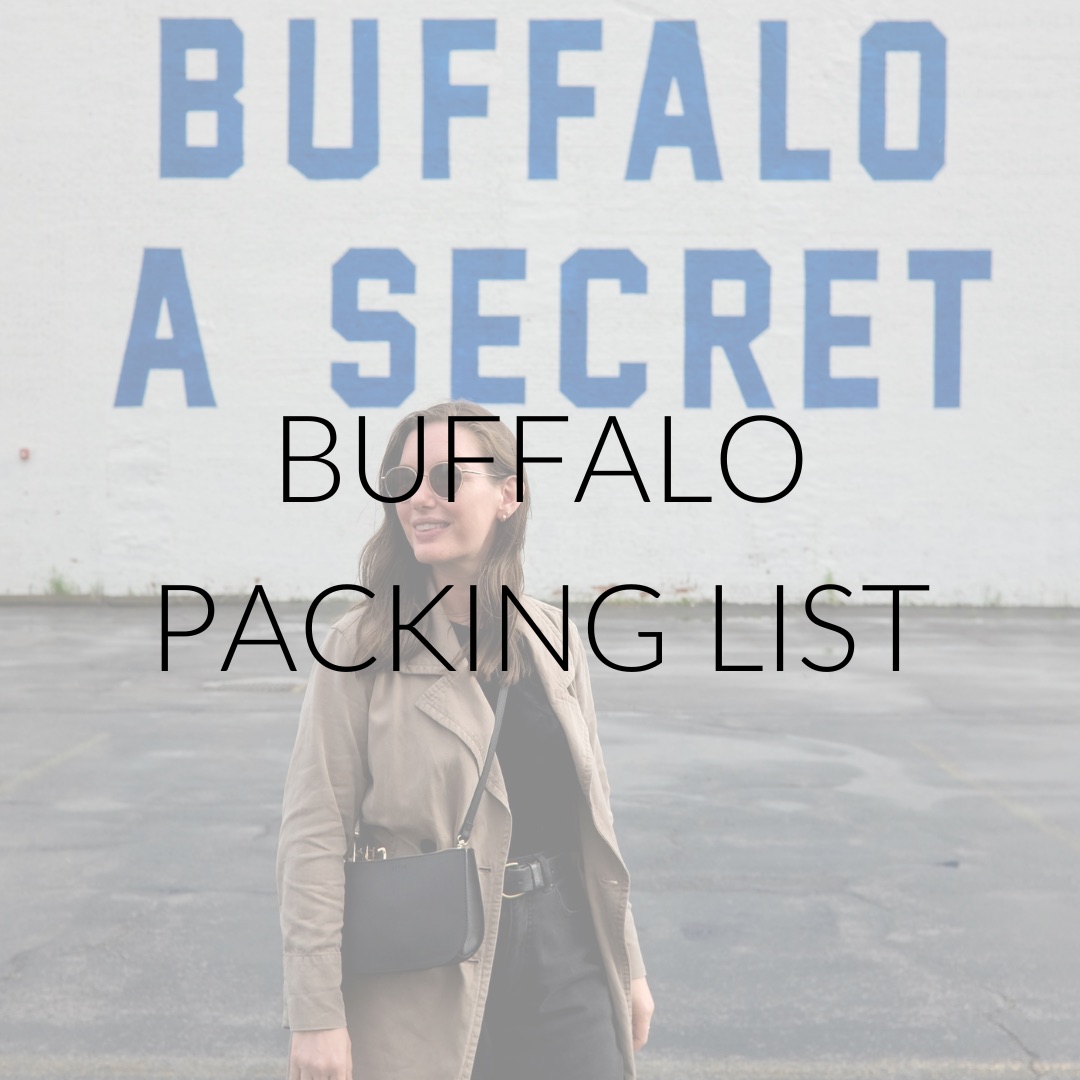 Alyssa in front of a mural with text overlay "Buffalo Packing List"