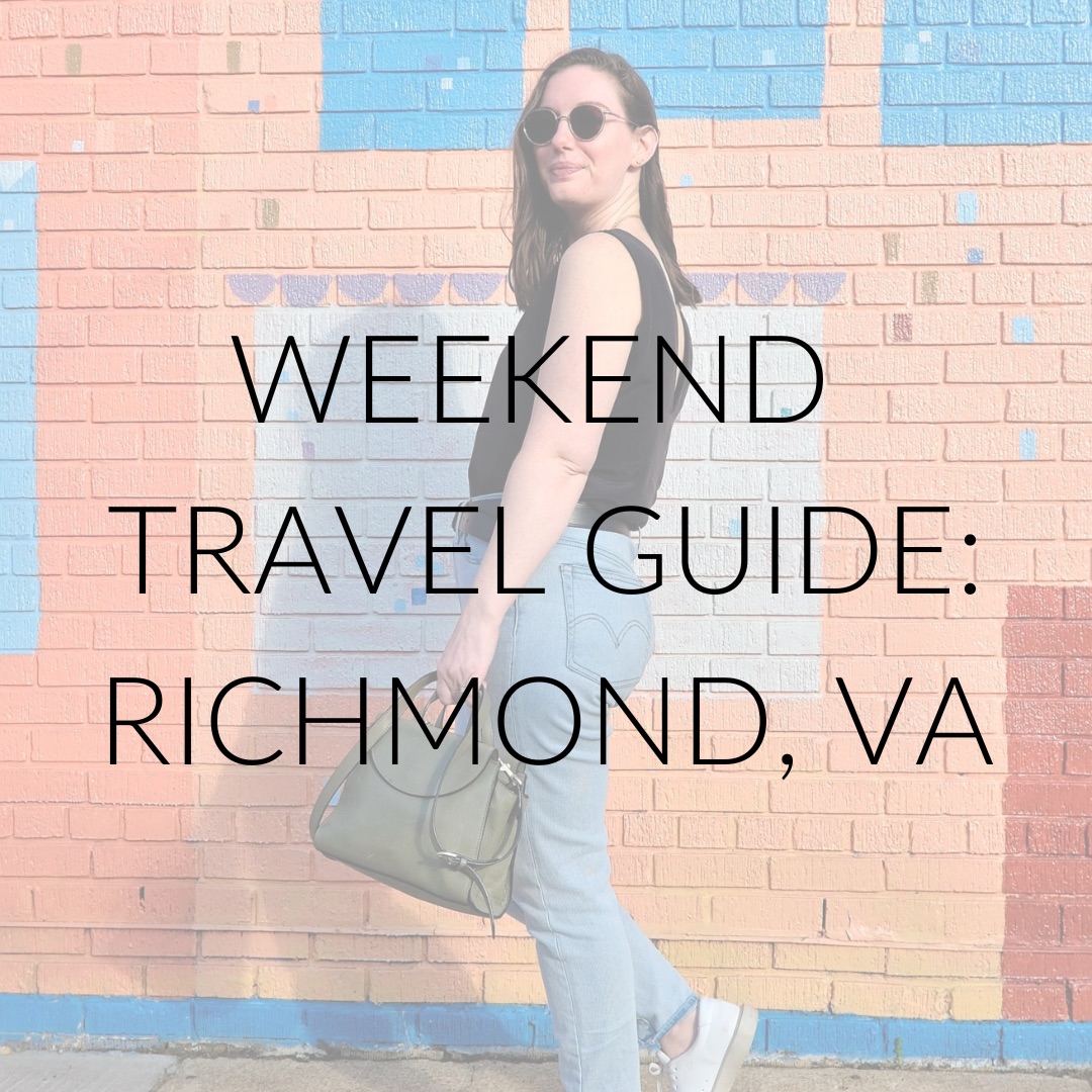 Alyssa in front of an orange wall with text that reads "weekend travel guide: Richmond, VA"