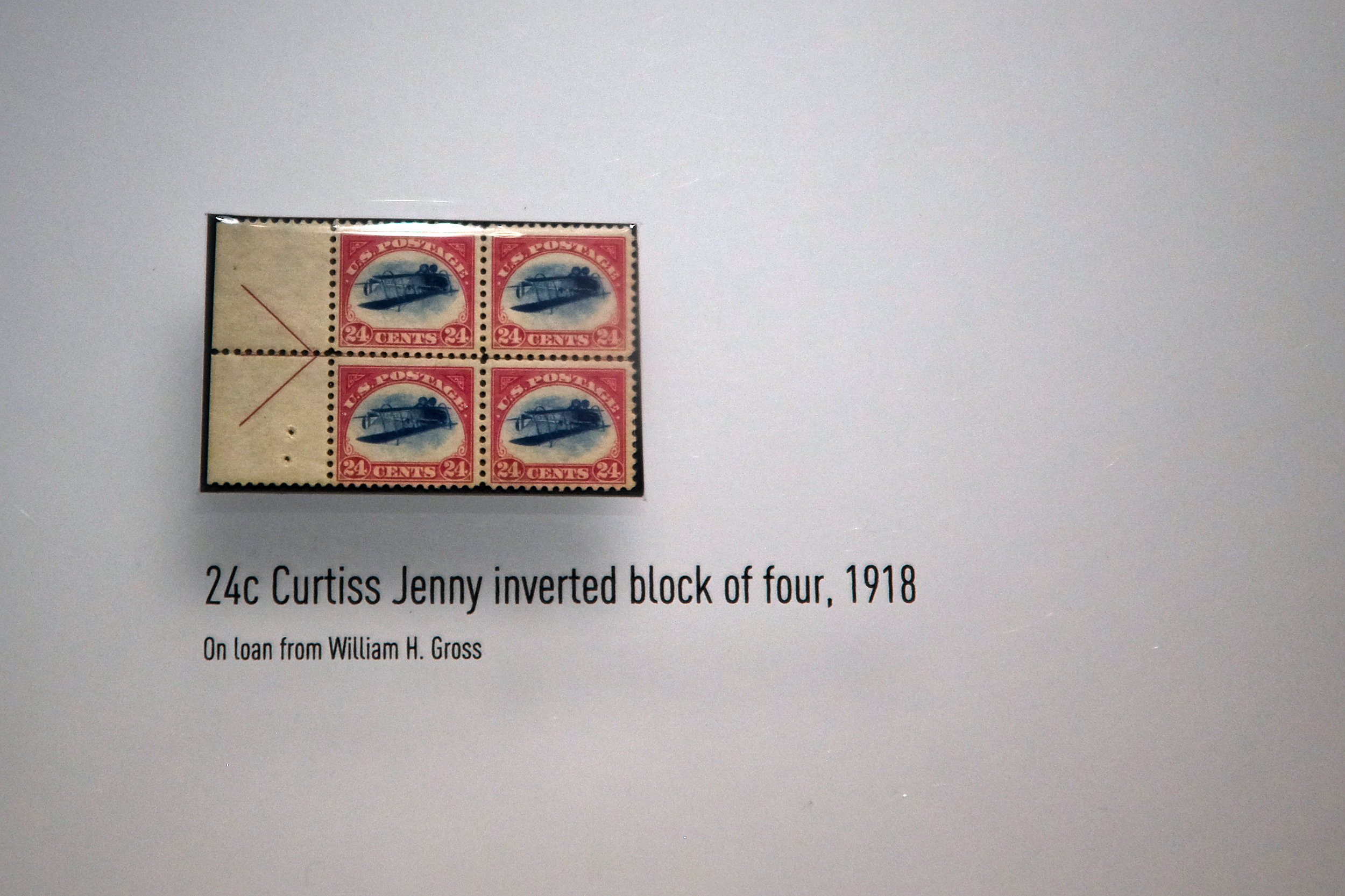 A block of four inverted Jenny stamps at the National Postal Museum