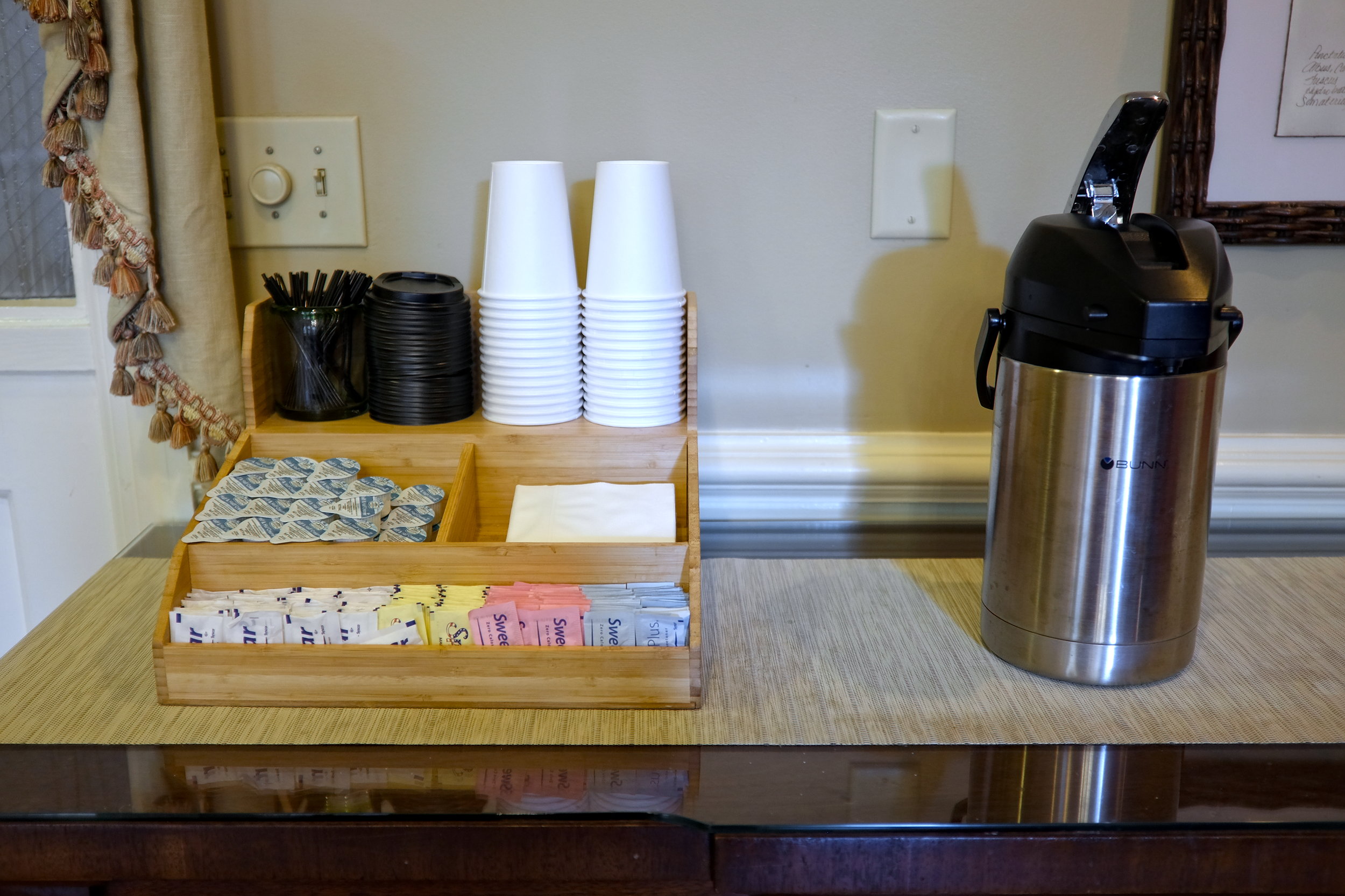 The coffee station at Kings Courtyard Inn