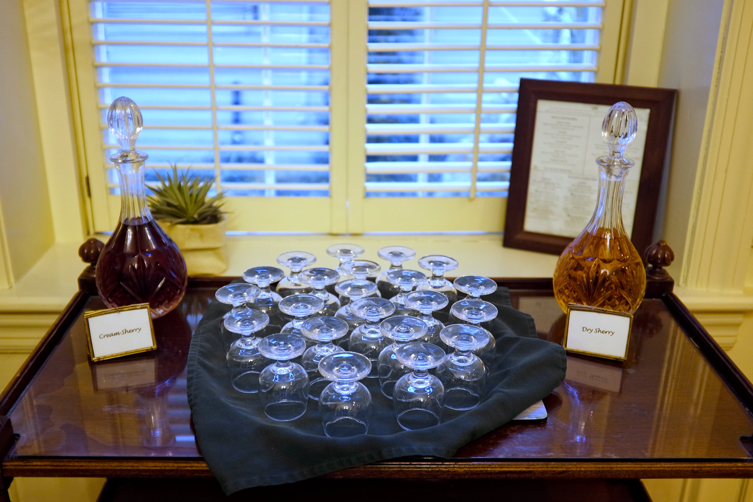 Two decanters of sherry at Kings Courtyard Inn