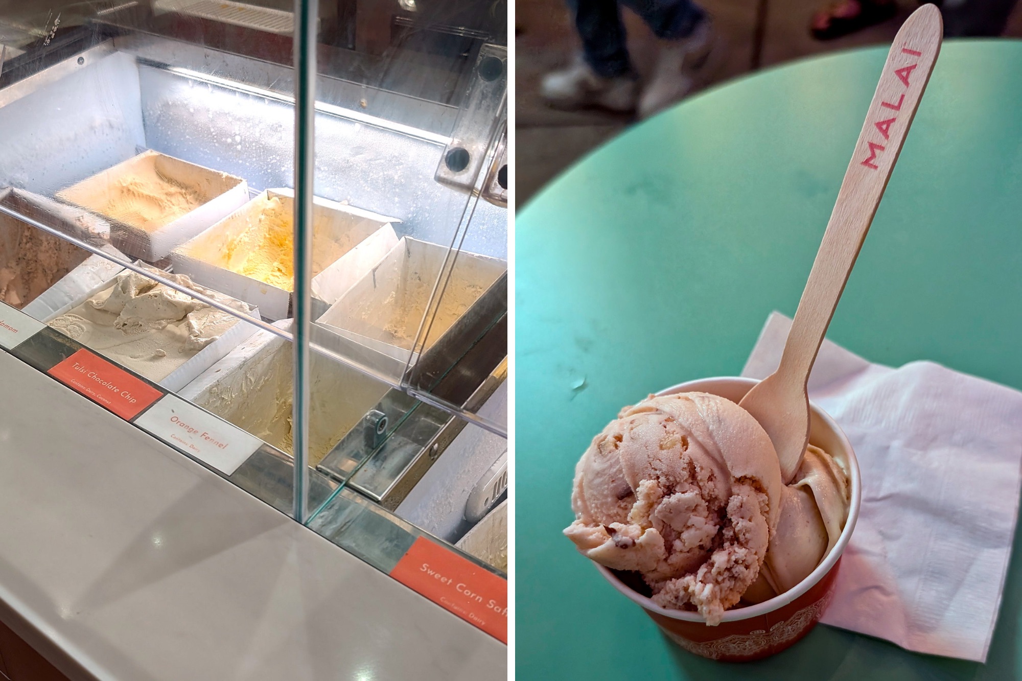 An ice cream case and a cup of ice cream at Malai