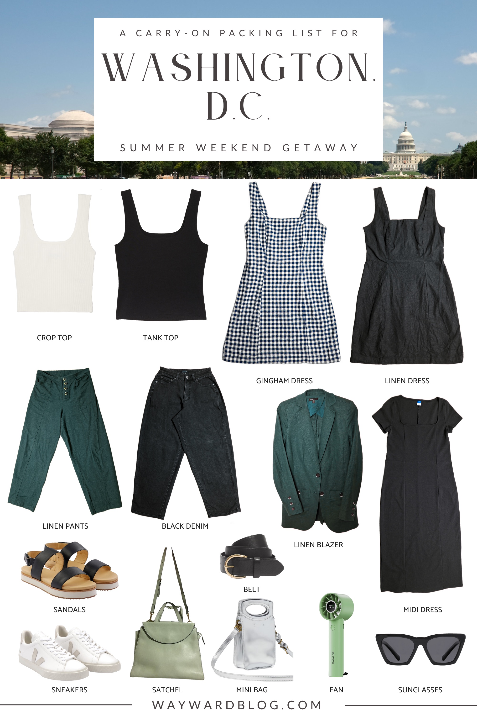 A collage of clothing packed for Washington, D.C. in the summer