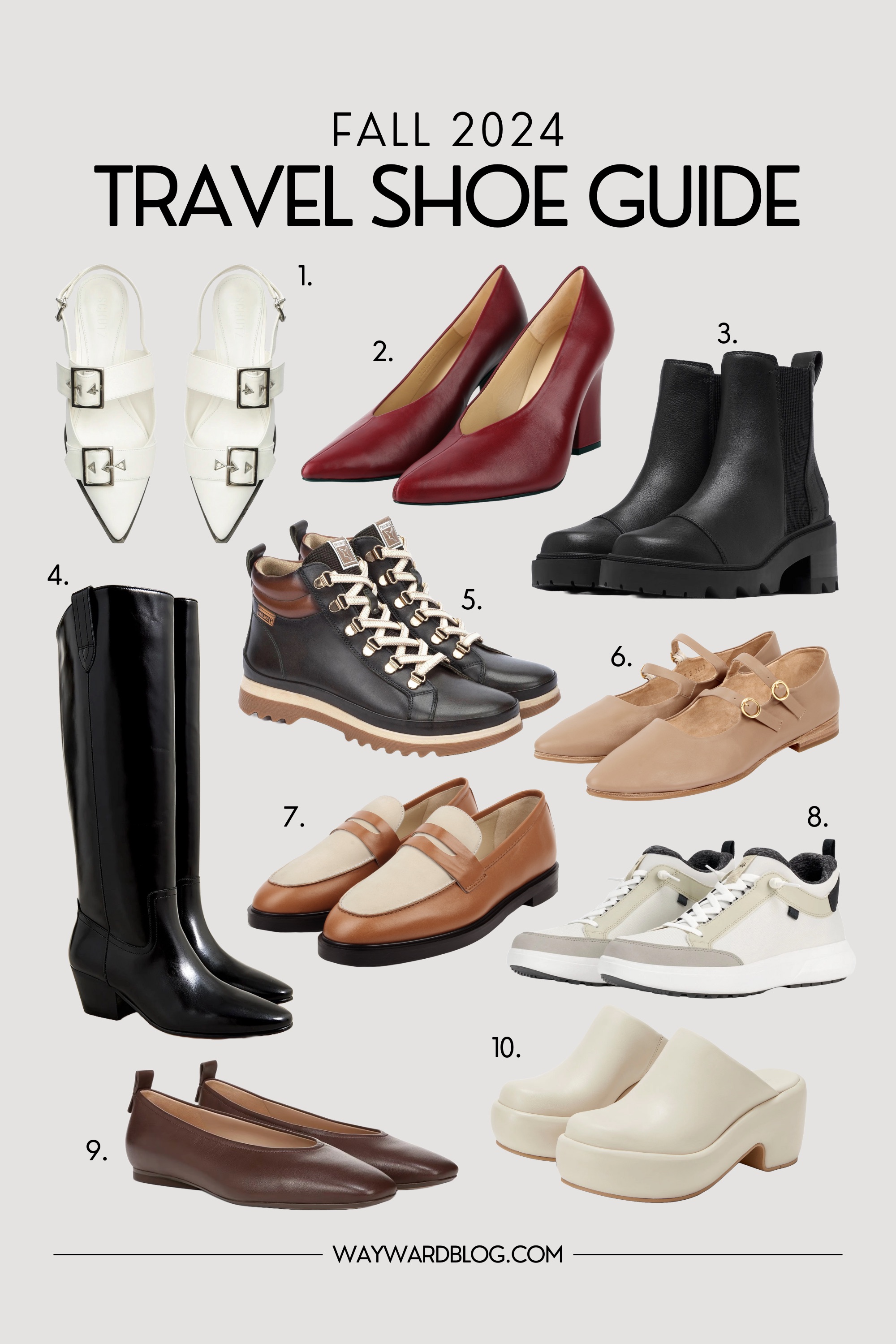 A collage of travel shoes such as boots, flats, heels, and more for fall travel