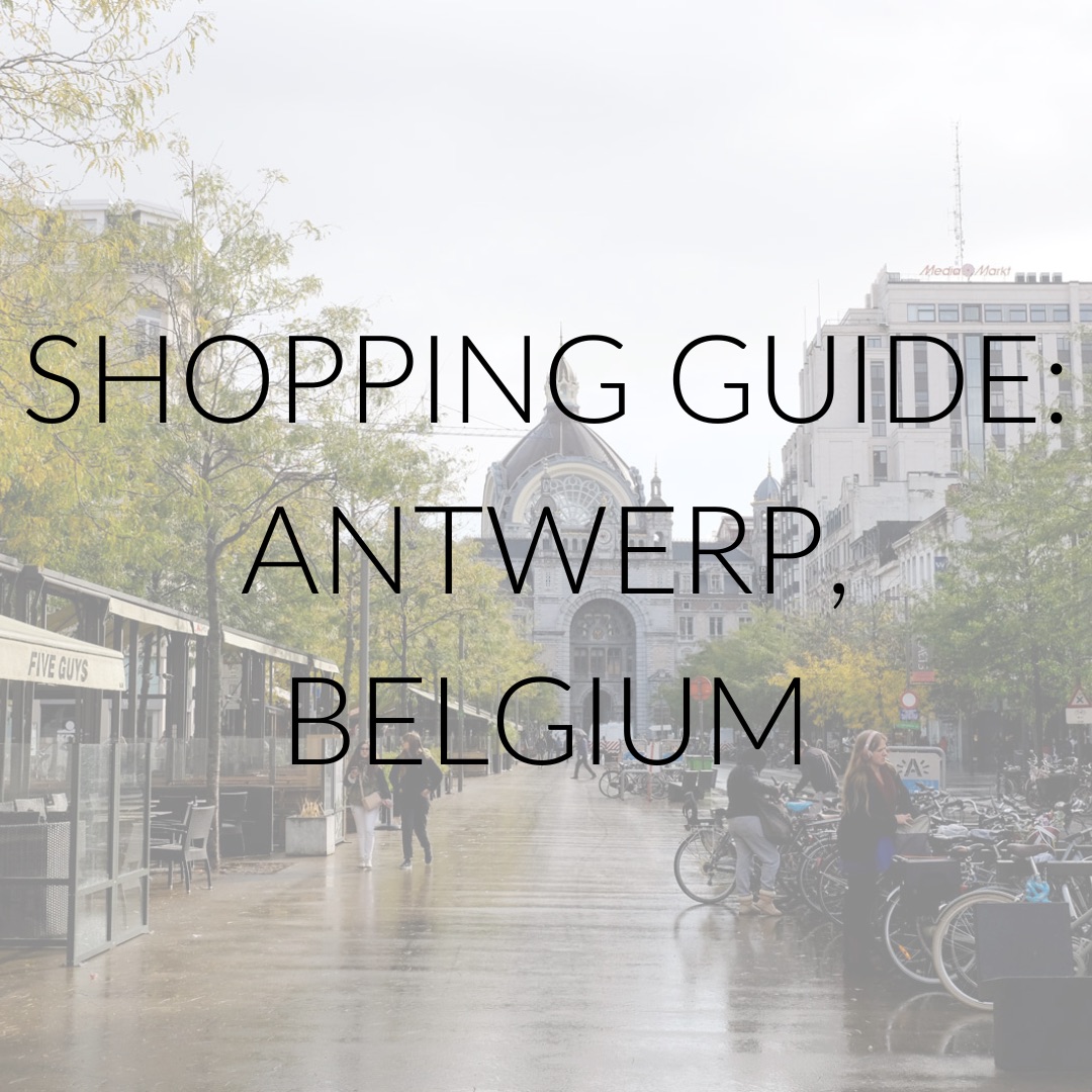 A street in Antwerp with text overlay "Shopping Guide: Antwerp, Belgium"