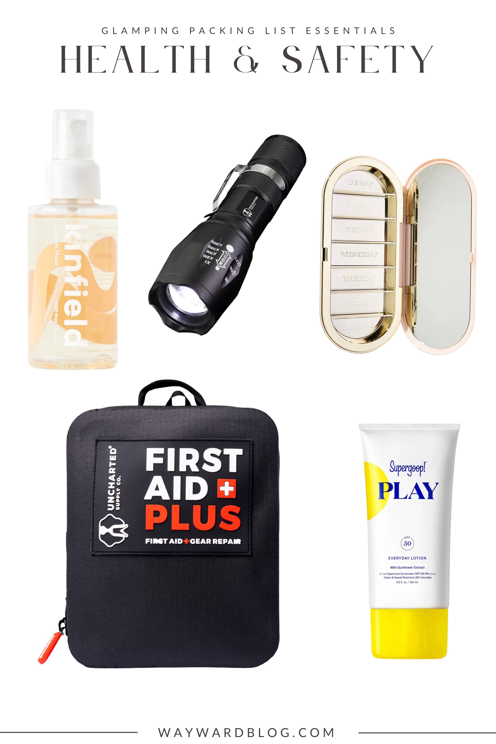 A collage of glamping essentials for health and safety