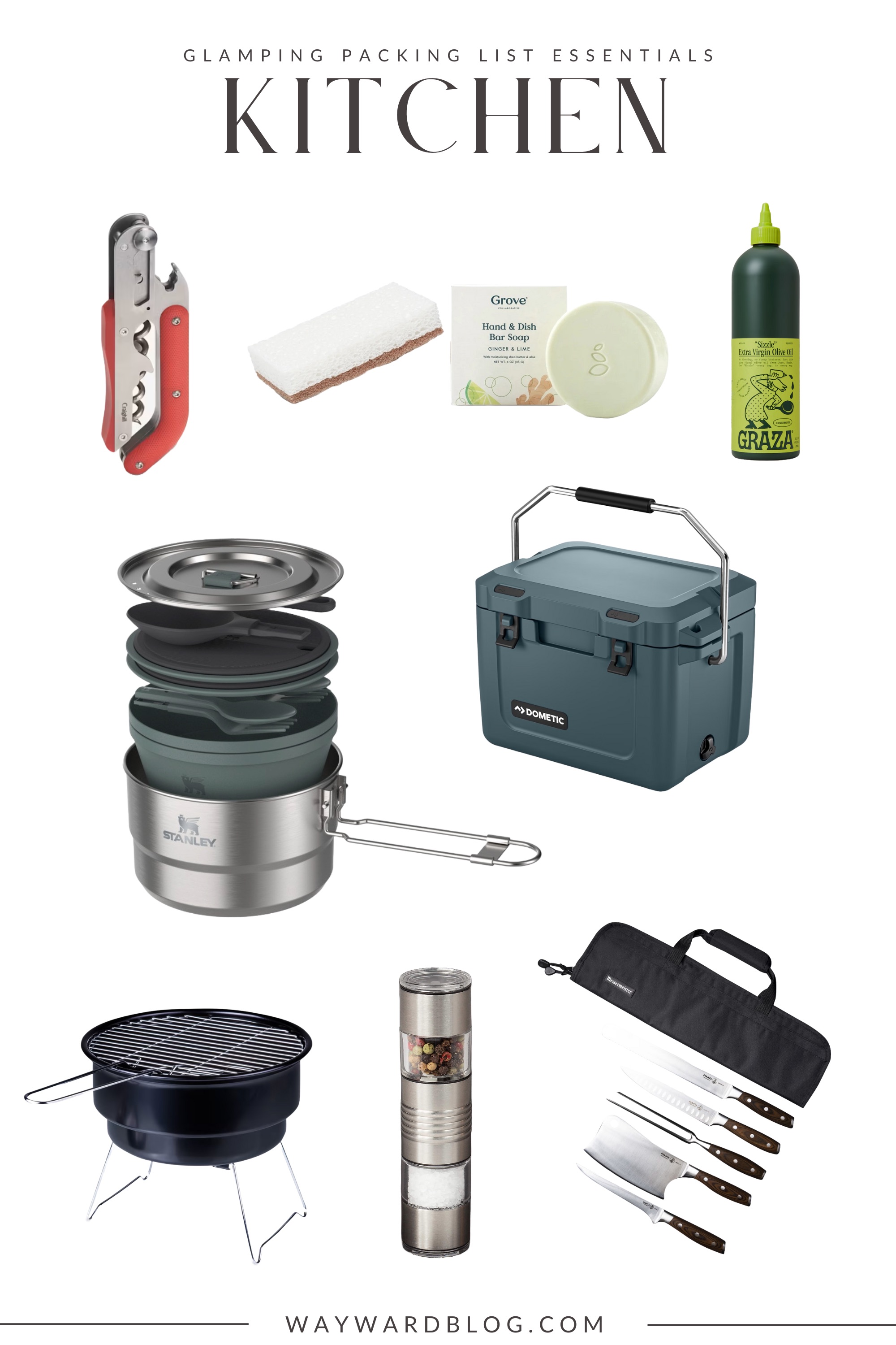 A collage of assorted cooking essentials for glamping