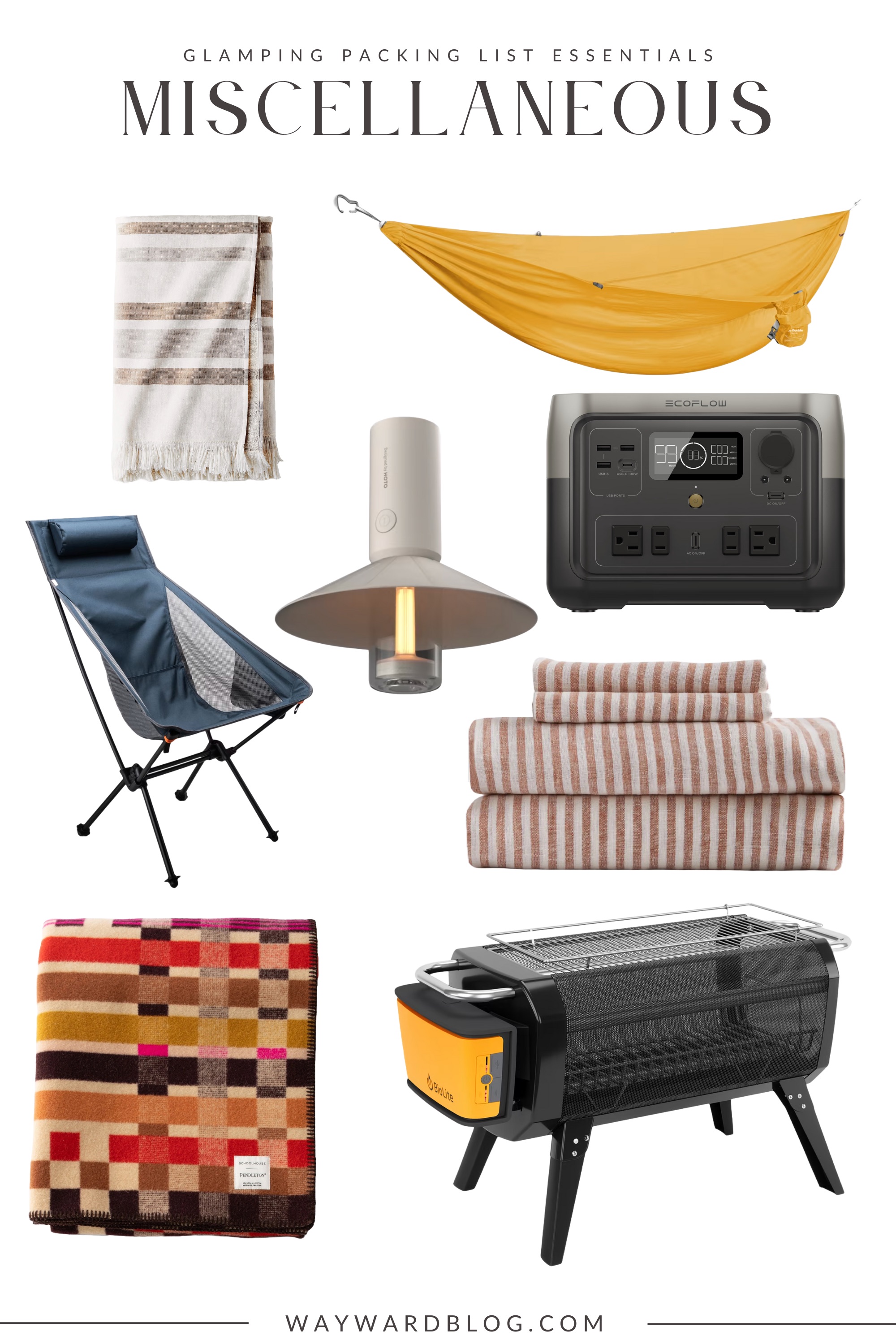 A collage of assorted extra items you may want to bring glamping