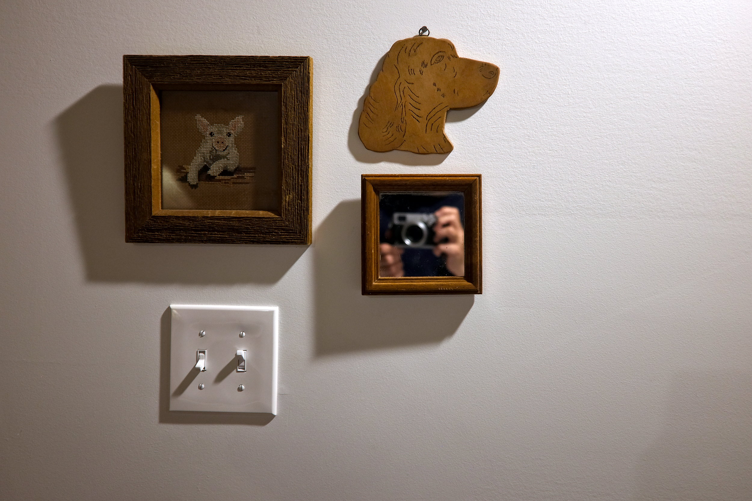 Two folk art pieces and a mirror in the cabin at Roamstead