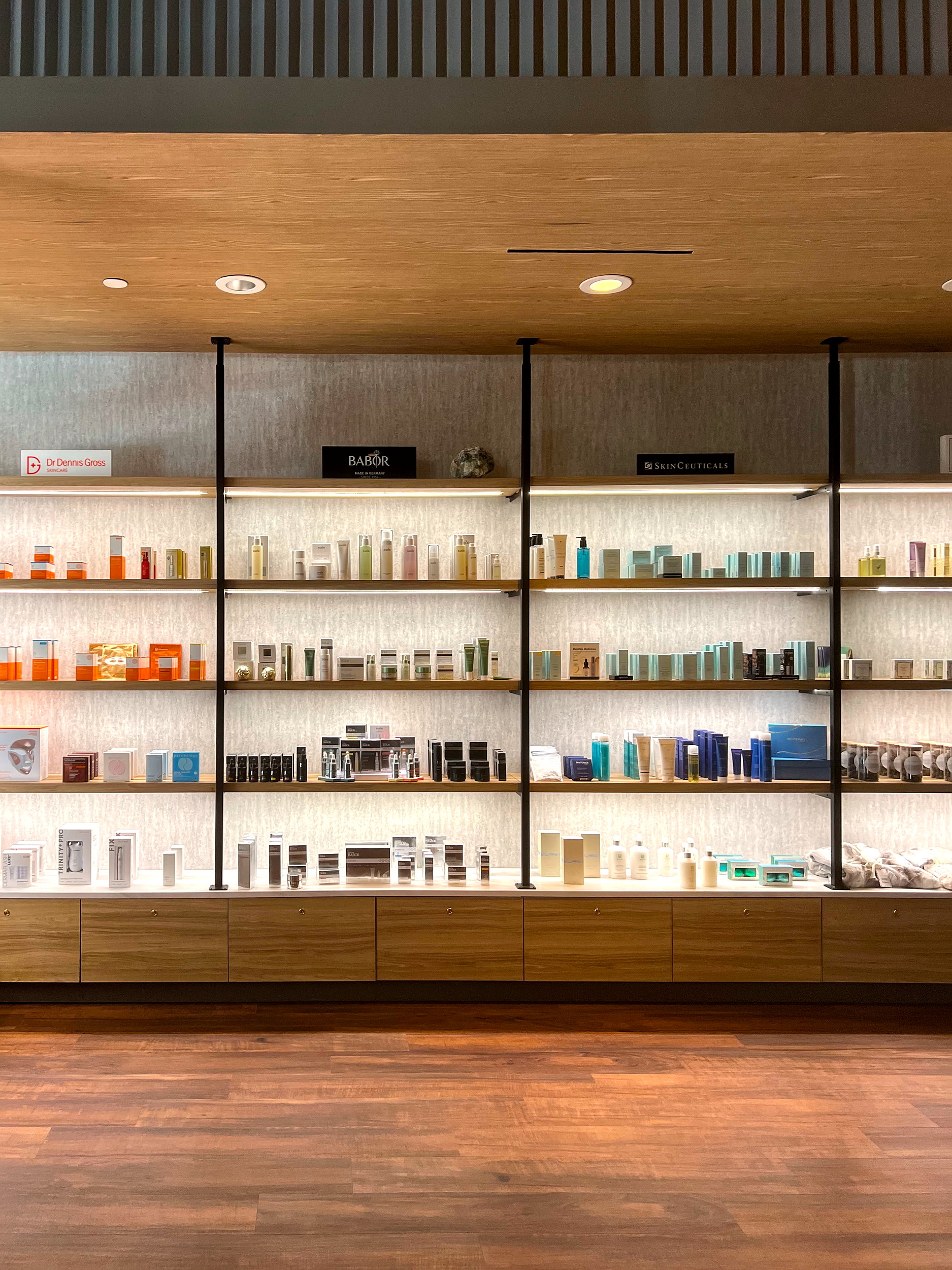 Skincare products on a shelf at Woodhouse Spa