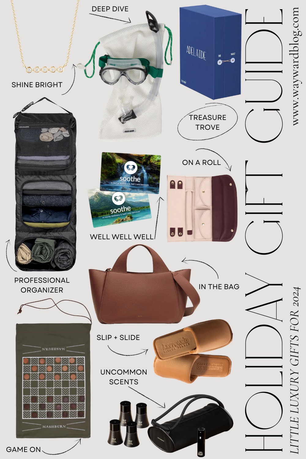 A collage of little luxury gifts for travelers for 2024