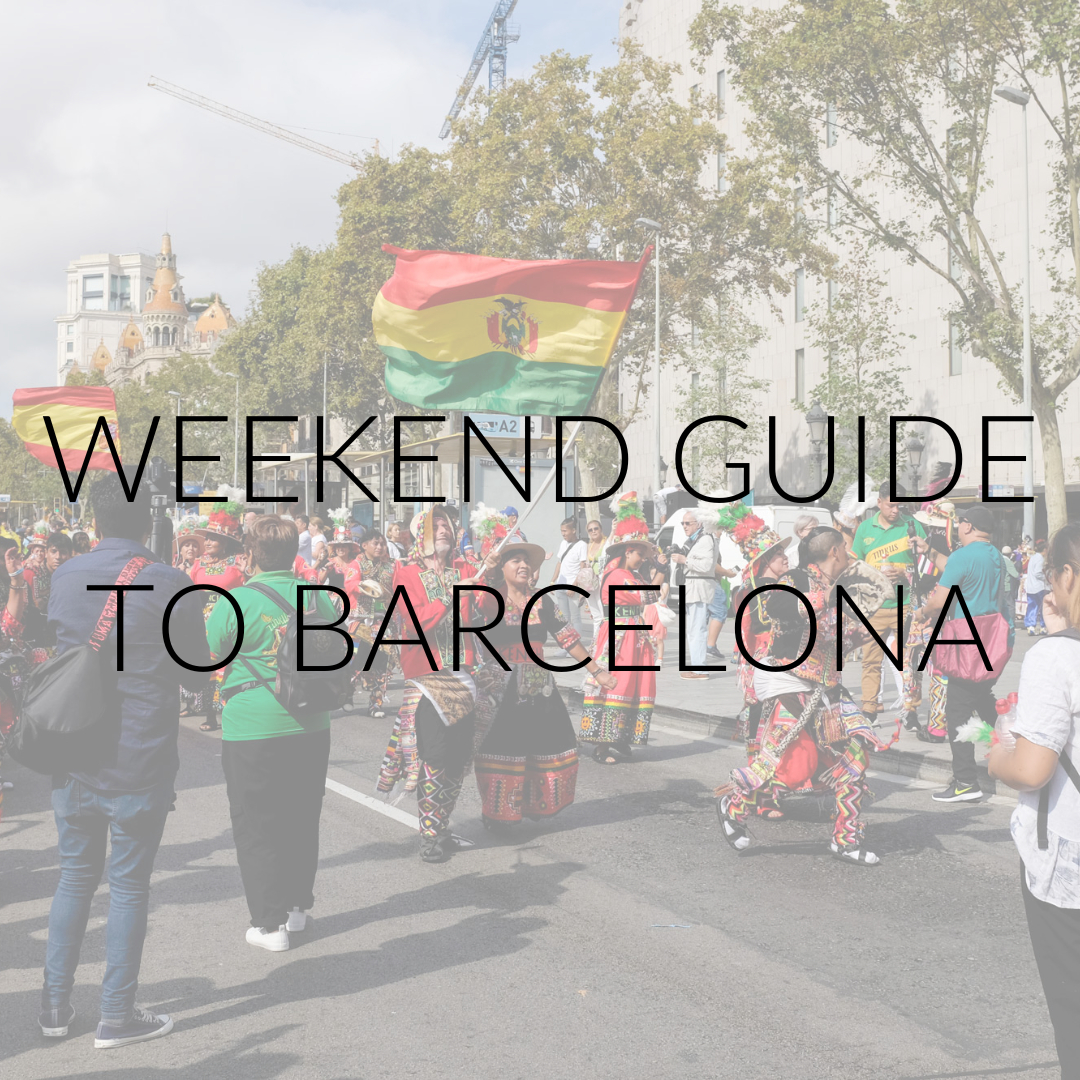 A parade in Barcelona with text overlay "Weekend guide to Barcelona"