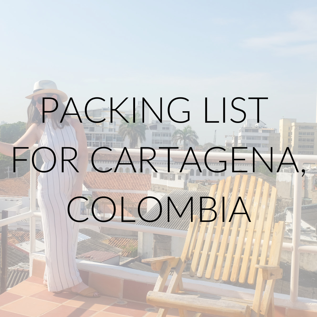 Alyssa in a jumpsuit with text overlay "packing list for Cartagena, Colombia"