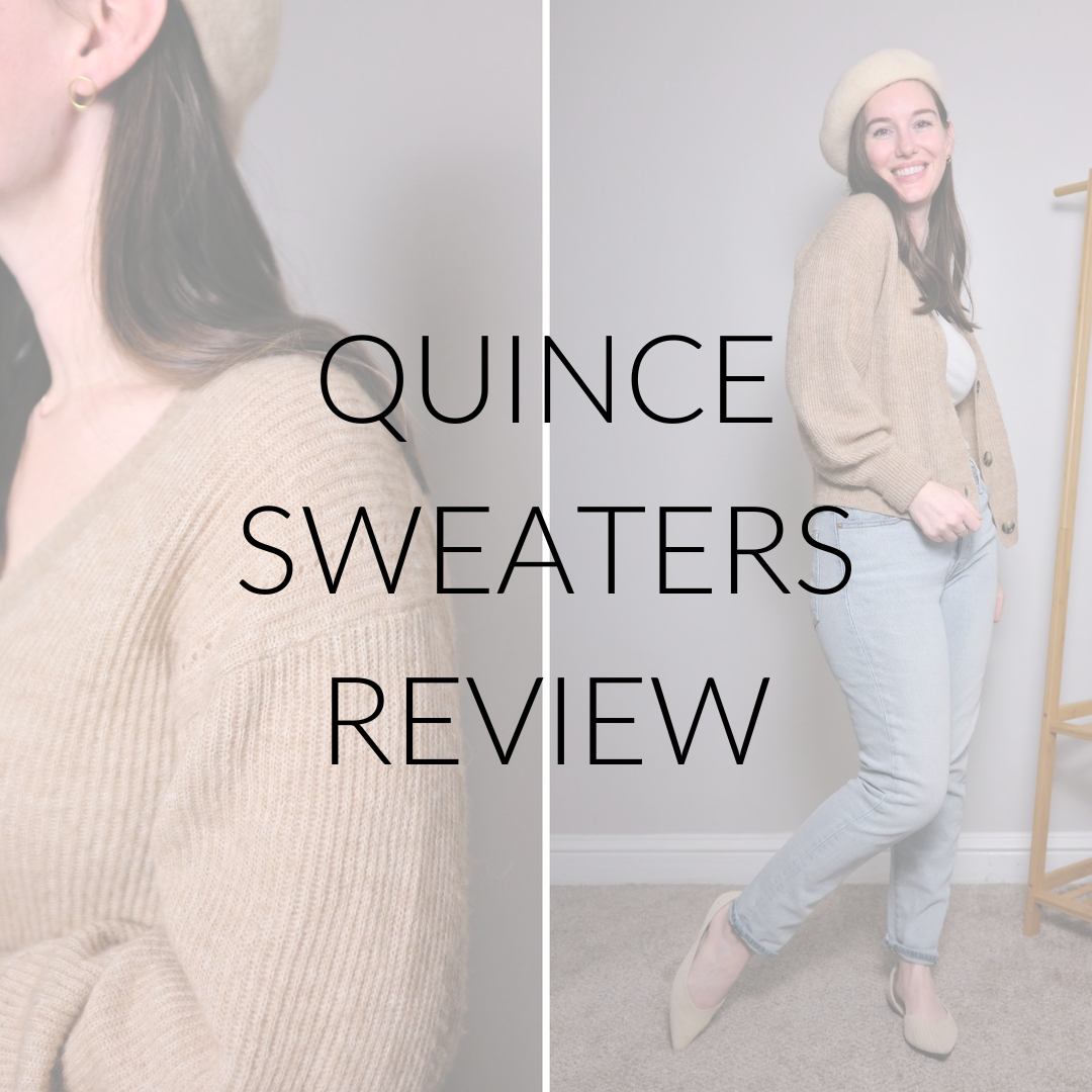 Alyssa wears a sweater with text overlay "Quince sweaters review"