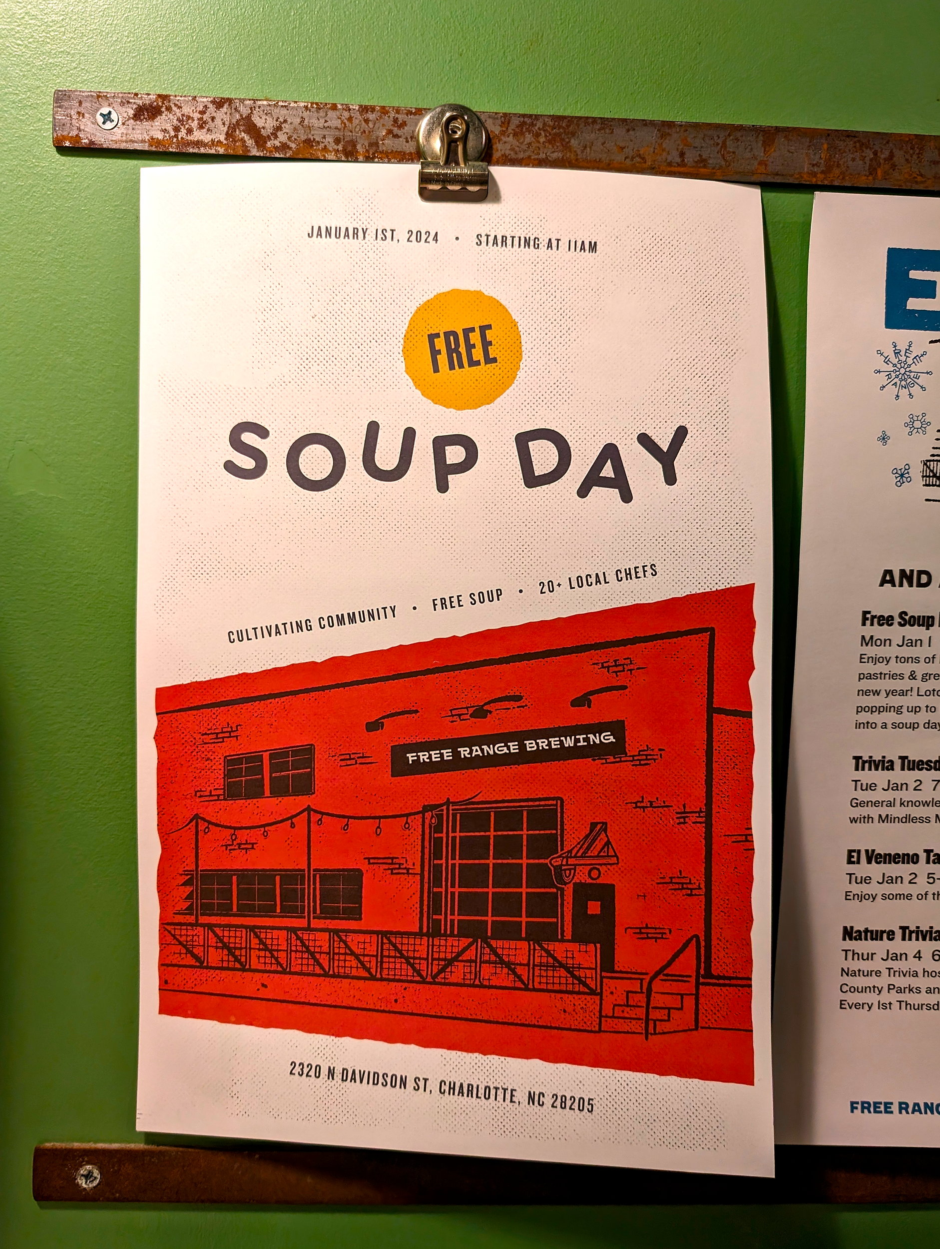 A sign advertising Free Soup Day