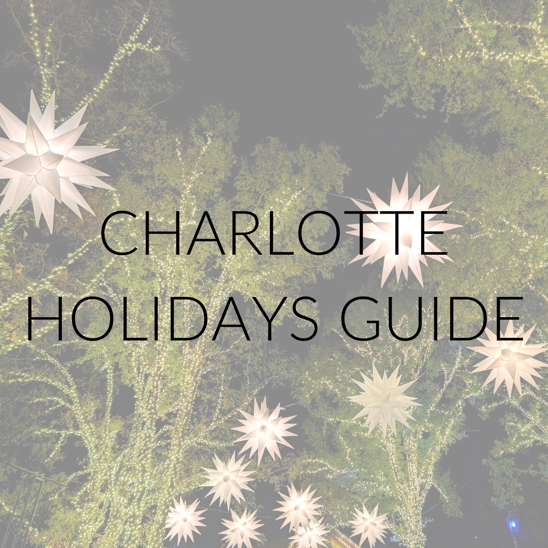 Photo of string lights in a tree with text overlay: Charlotte Holidays Guide 