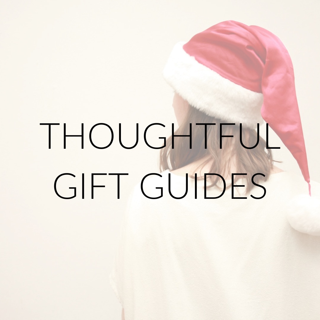 Alyssa wears a Santa hat with text overlay "thoughtful gift guides"