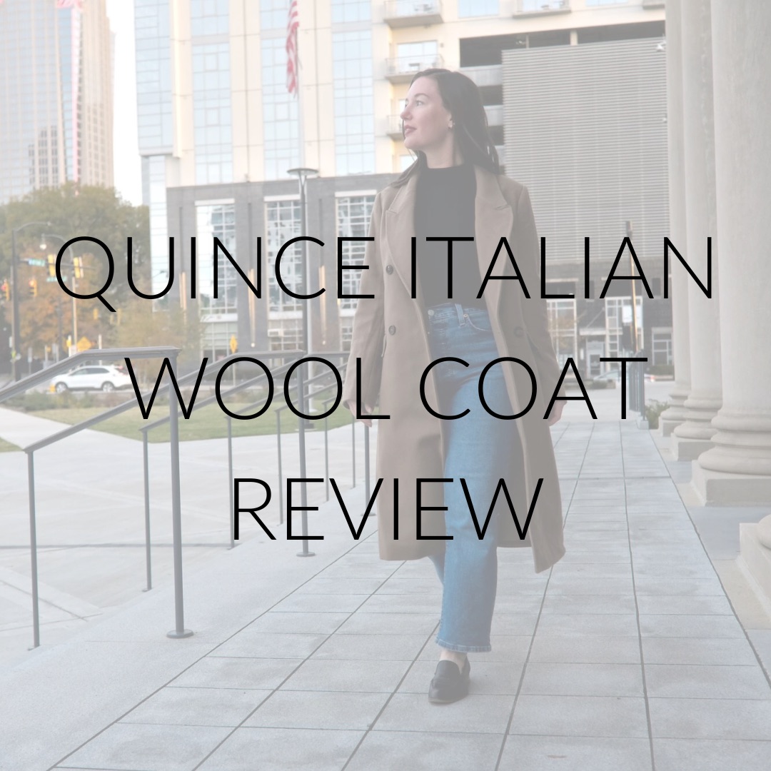 Alyssa wears a coat; text overlay: Quince Italian Wool Coat Review