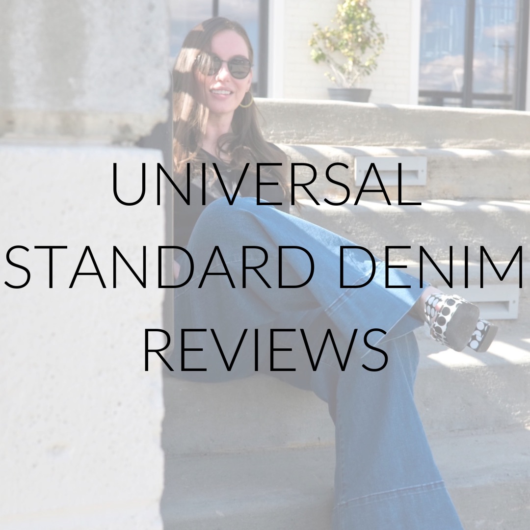 Alyssa in jeans with text overlay: Universal Standard Denim Reviews