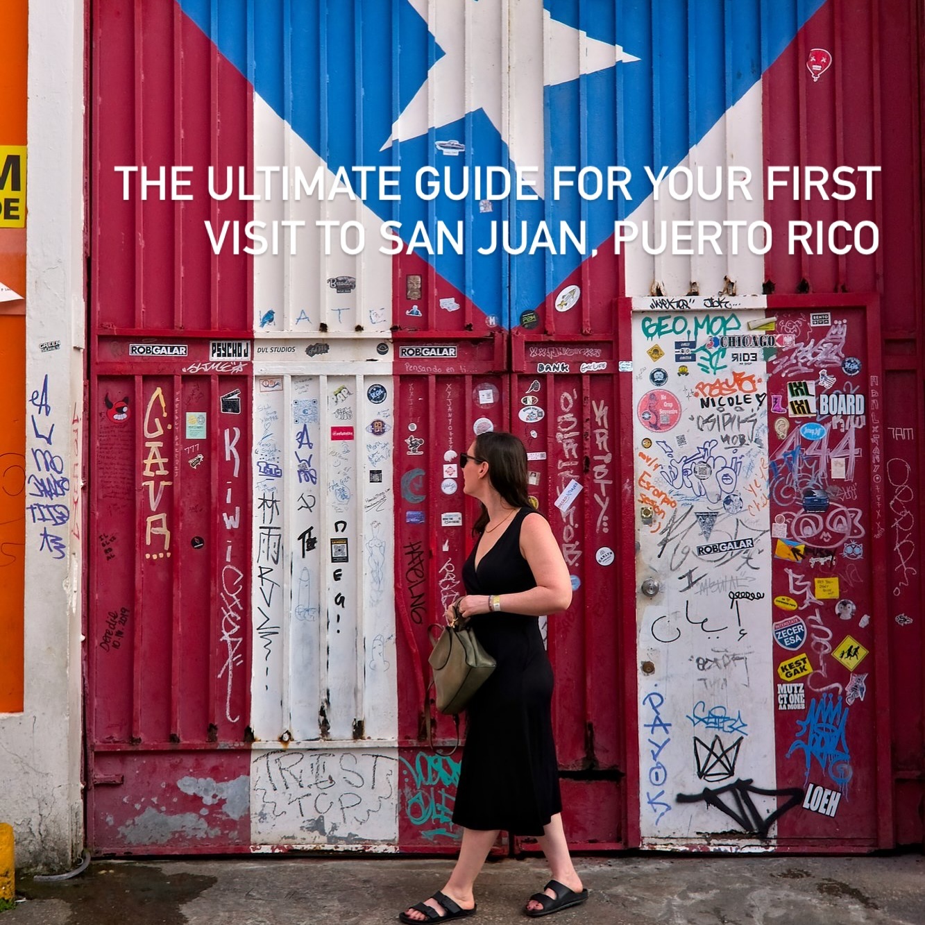 Alyssa in front of a Puerto Rican flag mural