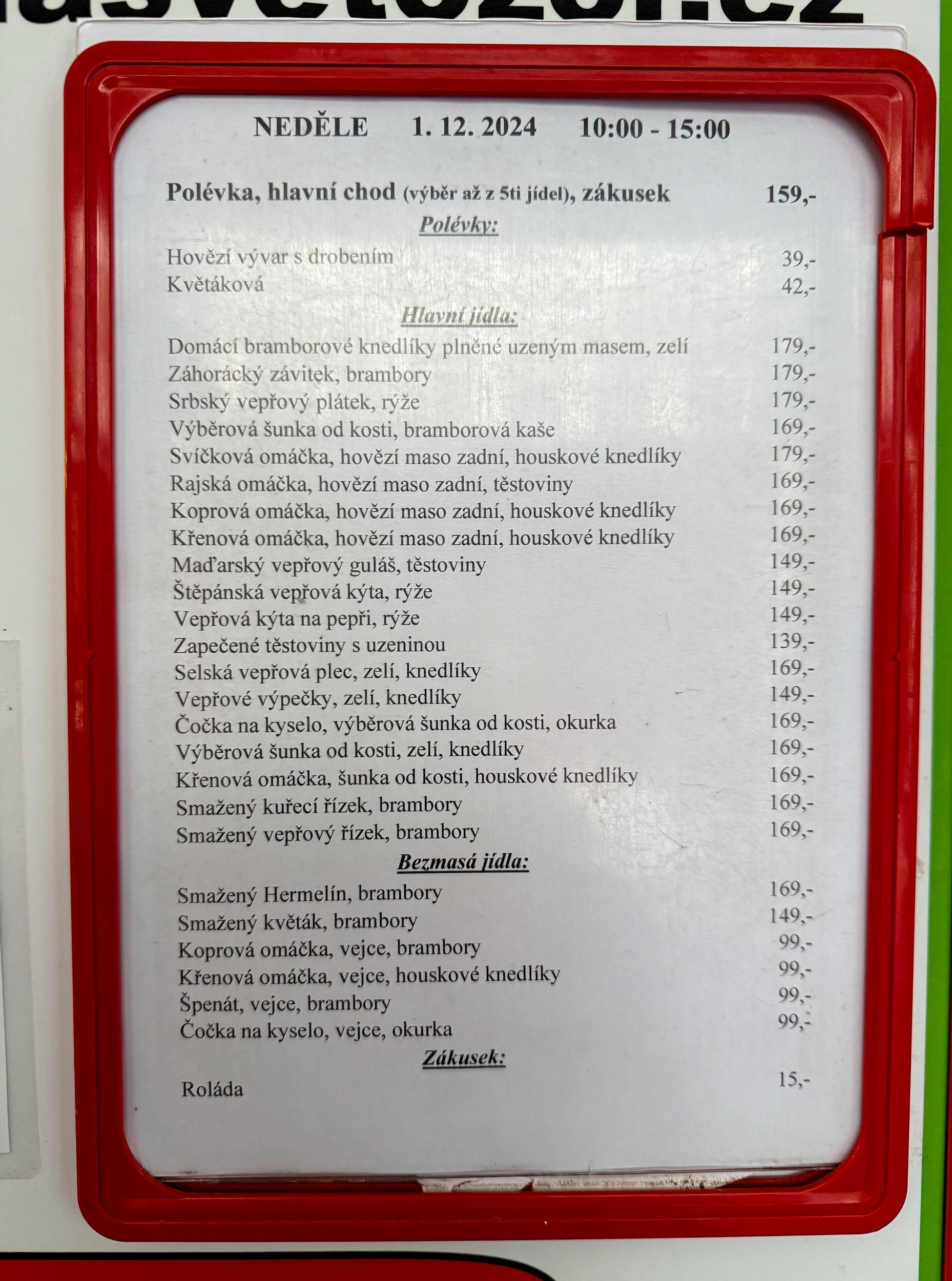 A menu in Czech