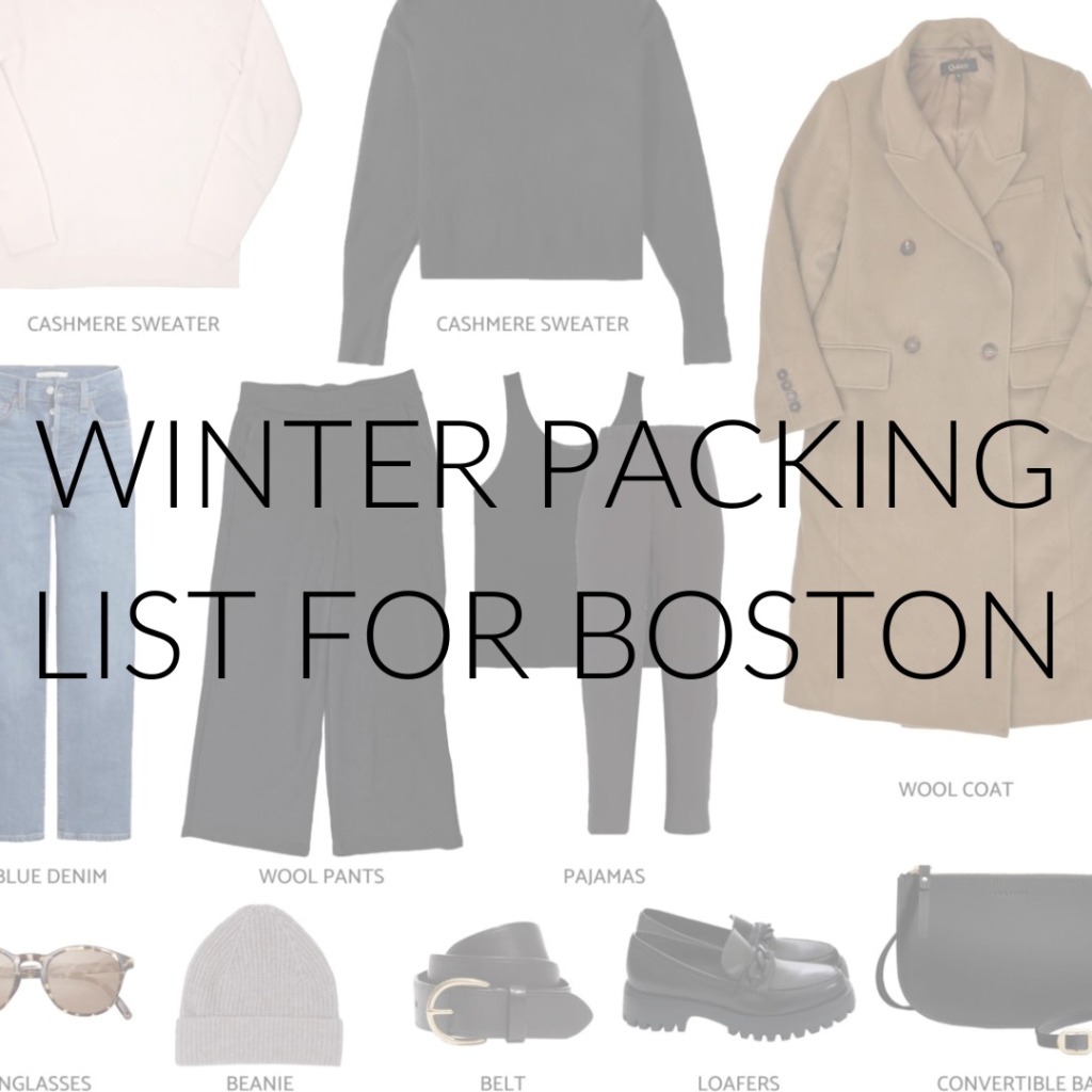 A packing list collage with text overlay "Winter packing list for Boston"