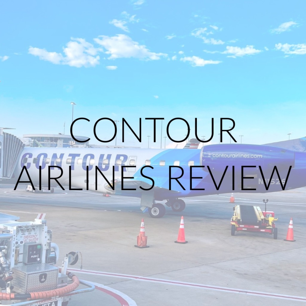 A Contour plane with "Contour Airlines Review" text overlay