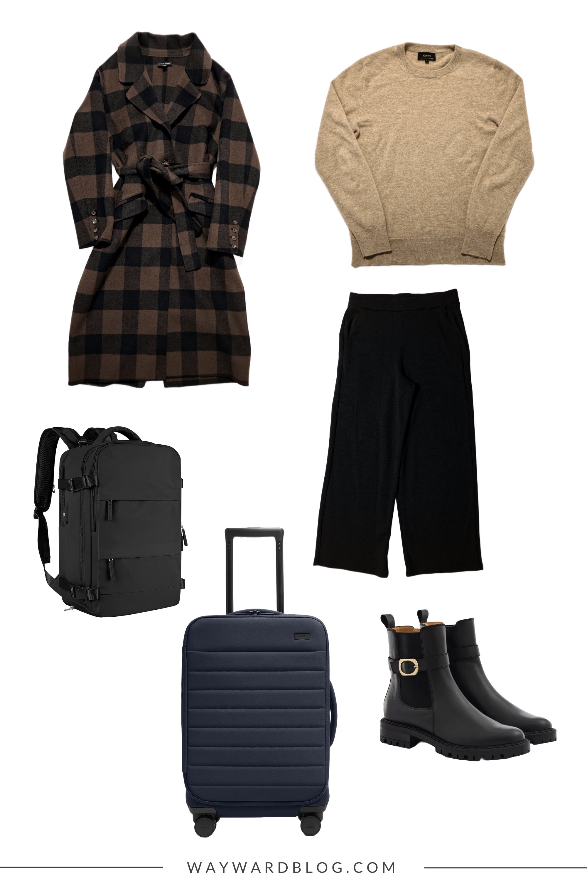 What Alyssa wore on the flight from San Diego to Charlotte: a sweater, wool pants, coat, and boots