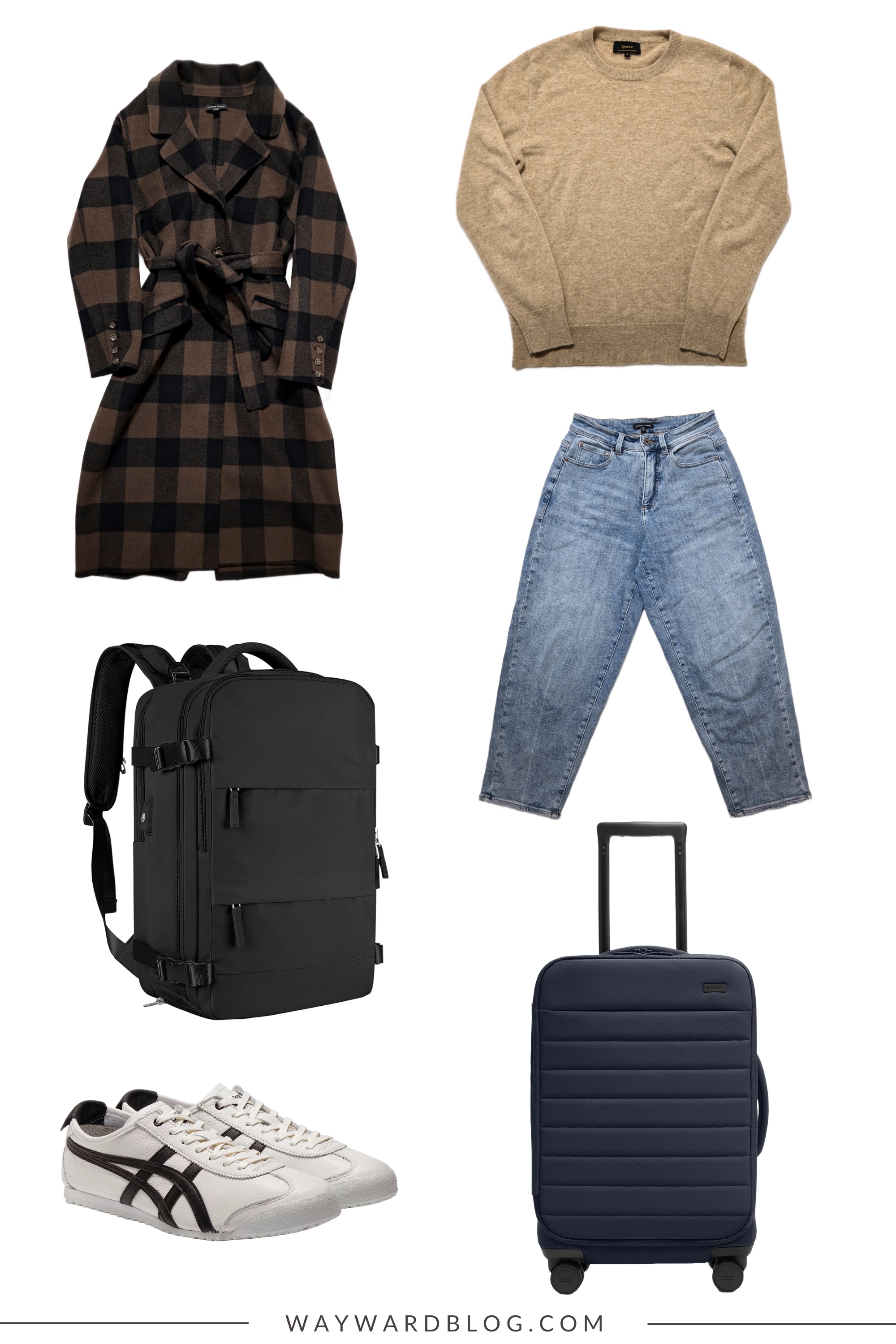 A graphic showing what Alyssa wore on the plane to San Diego: A sweater, jeans, coat, and sneakers with a backpack and rollerbag