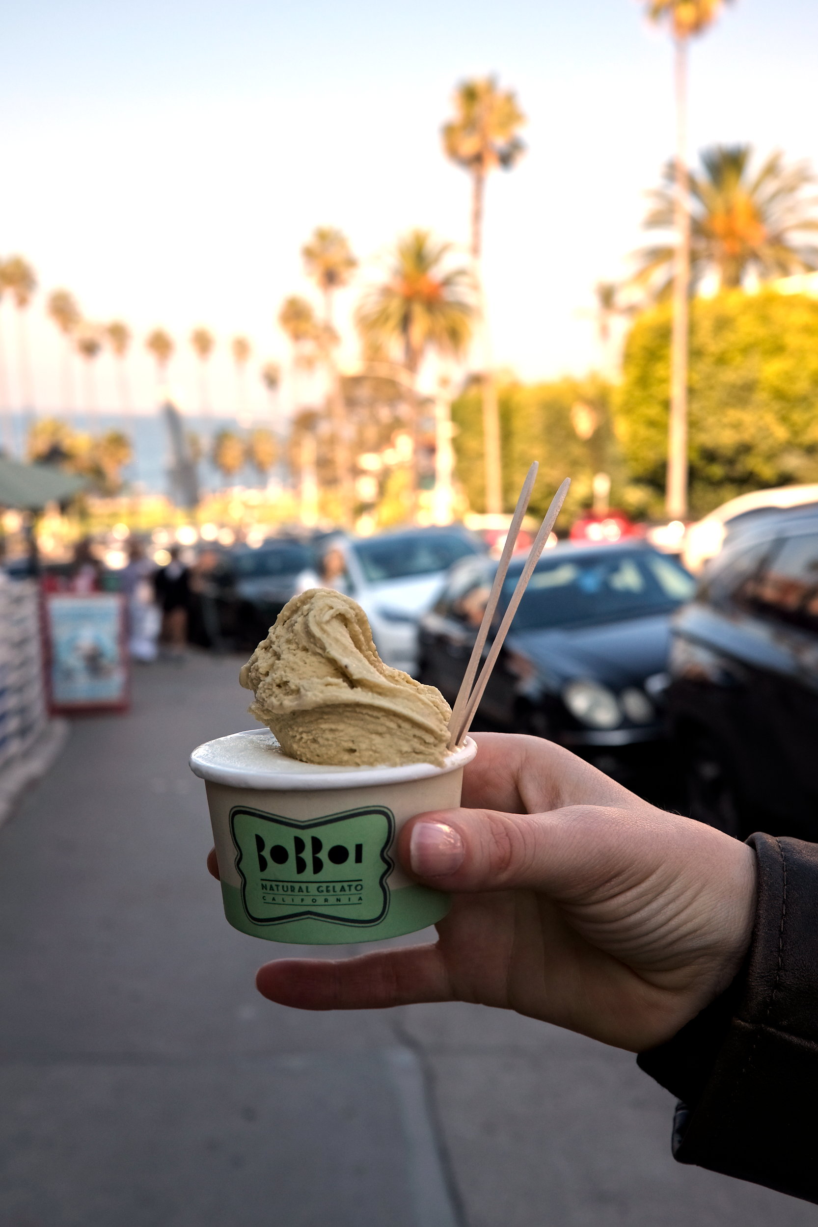 Alyssa holds a cup of gelato at La Jolla's Bobboi Natural Gelato