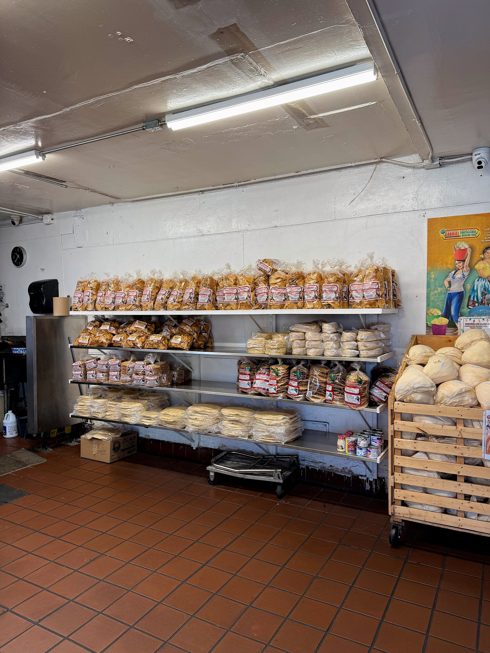 Tortillas on a shelf at Gabriel Tortilleria